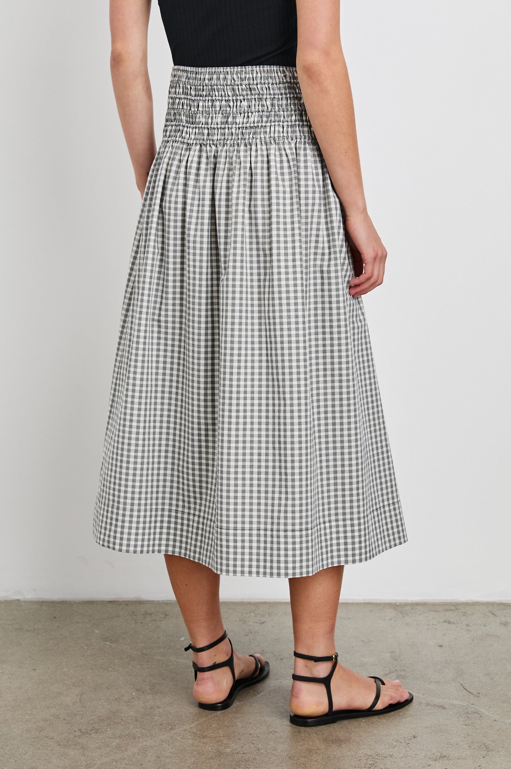 Alessa Midi skirt with Cinched Waist in Ivory Jet Gingham Colorway - Back View Featured on Model