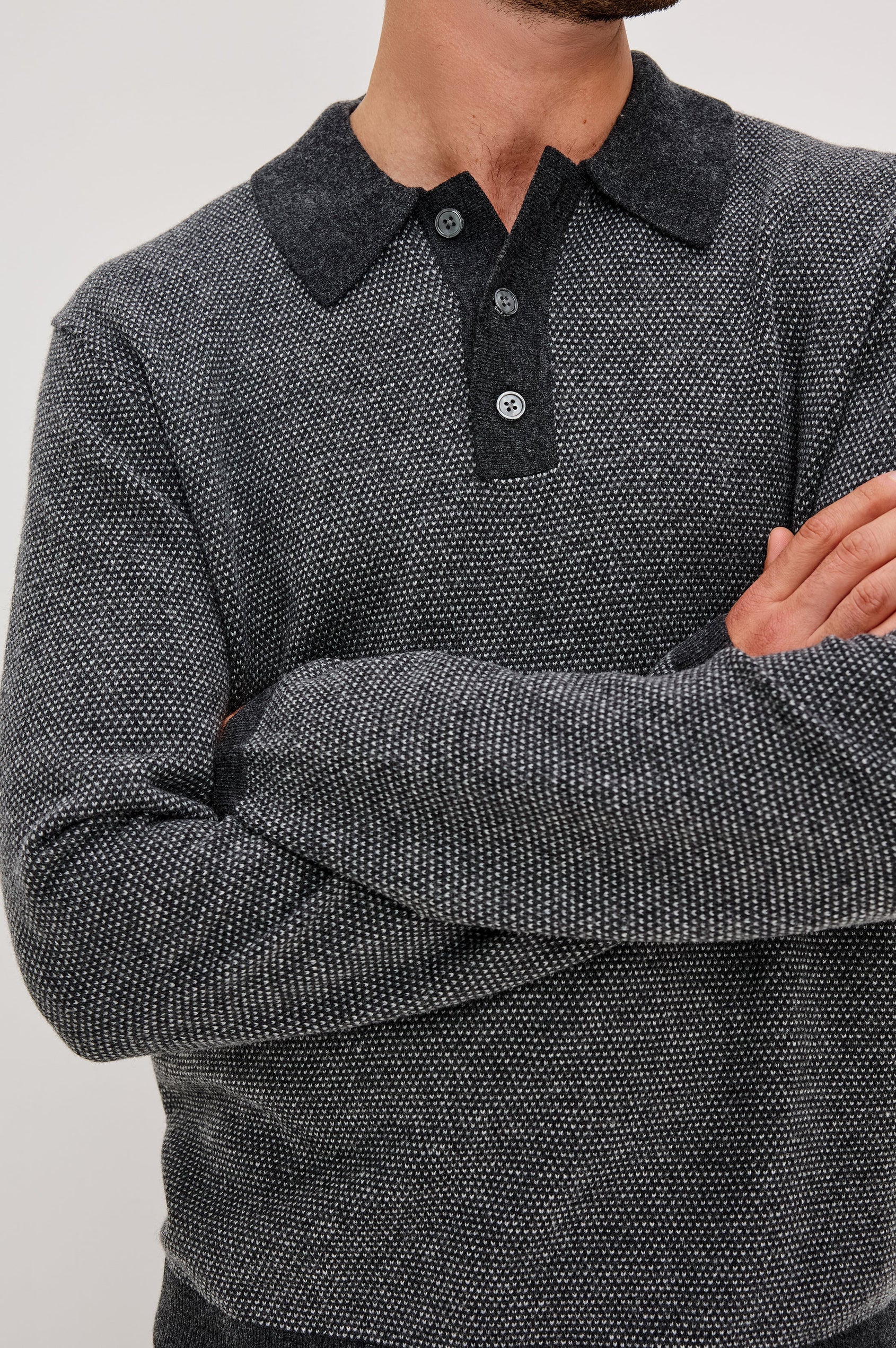 Anders Long Sleeve 3-Button Polo with Contrast Collar, Button Placket, Hem and Cuffs in Charcoal Ice Colorway. Front Detail View Featured on Model.