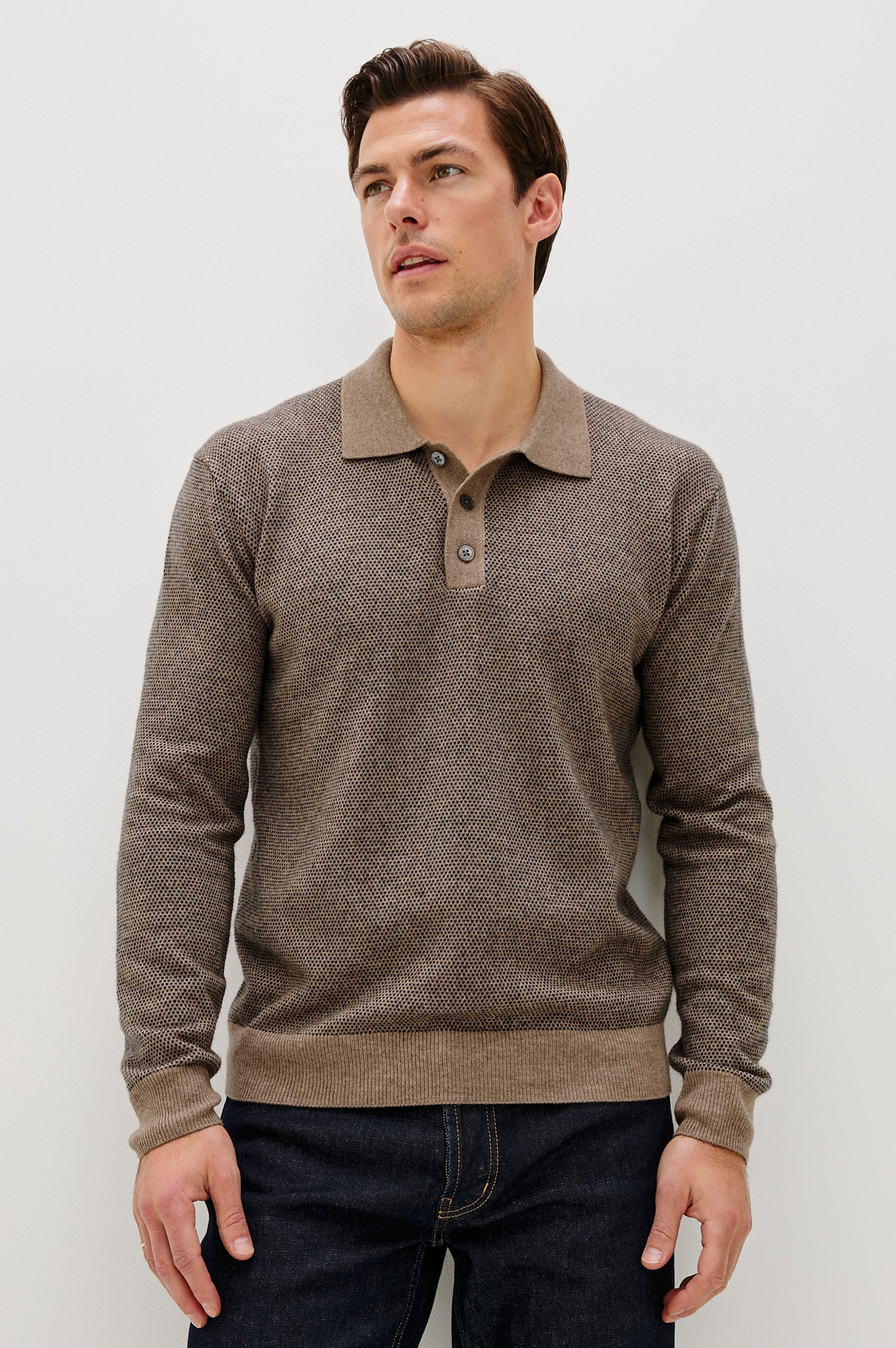 Anders Long Sleeve 3-Button Polo with Contrast Collar, Button Placket, Hem and Cuffs in Flax Navy Colorway. Front View Featured on Model.