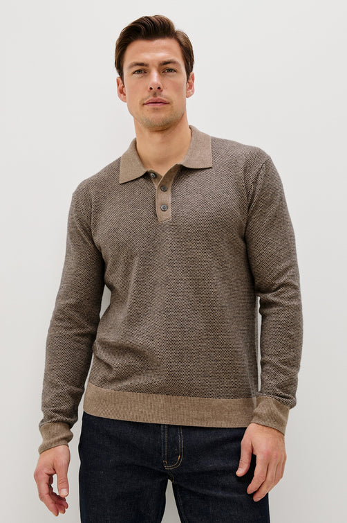 Anders Long Sleeve 3-Button Polo with Contrast Collar, Button Placket, Hem and Cuffs in Flax Navy Colorway. Front View Featured on Model.