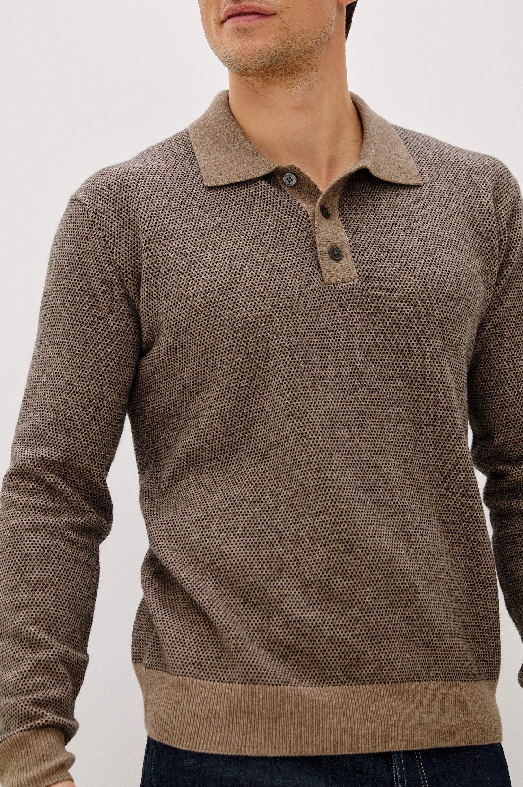 Anders Long Sleeve 3-Button Polo with Contrast Collar, Button Placket, Hem and Cuffs in Flax Navy Colorway. Front Detail View Featured on Model.