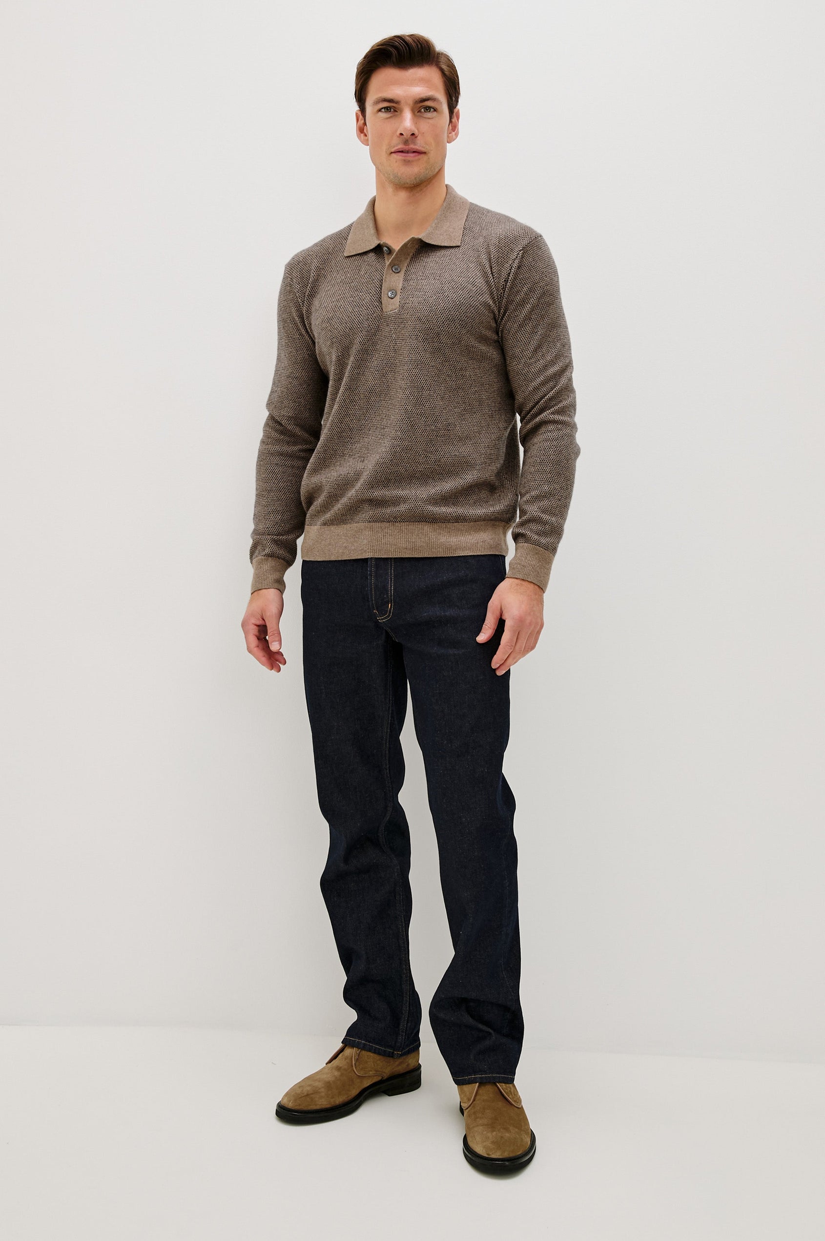 Anders Long Sleeve 3-Button Polo with Contrast Collar, Button Placket, Hem and Cuffs in Flax Navy Colorway. Front Full Body View Featured on Model.