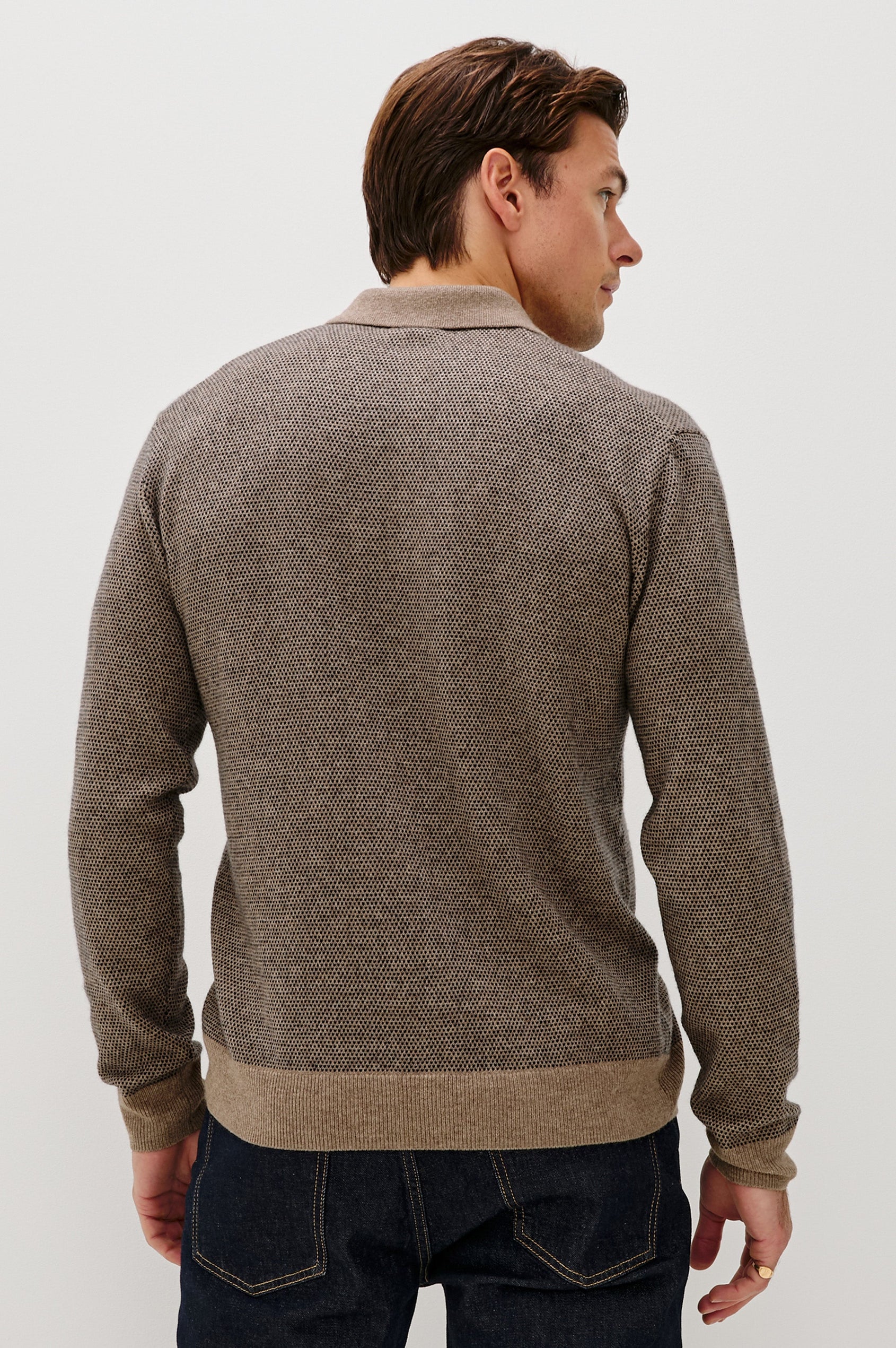 Anders Long Sleeve 3-Button Polo with Contrast Collar, Button Placket, Hem and Cuffs in Flax Navy Colorway. Back View Featured on Model.