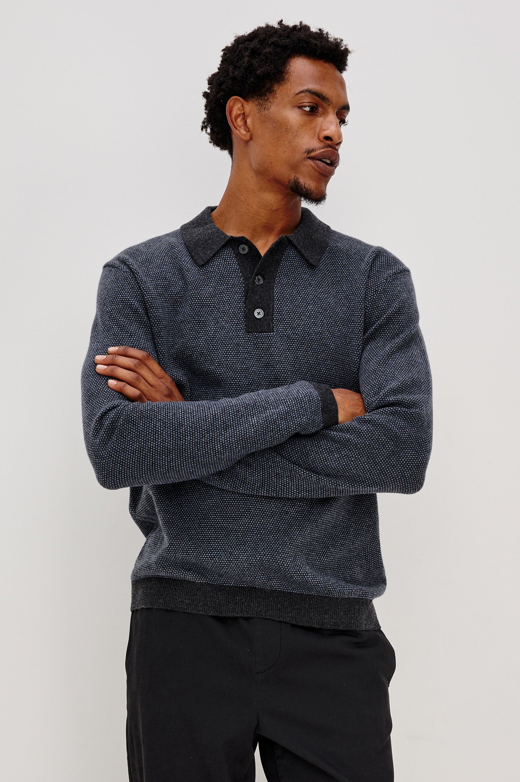 Anders Long Sleeve 3-Button Polo with Contrast Collar, Button Placket, Hem and Cuffs in Navy Blue Colorway. Front View Featured on Model.