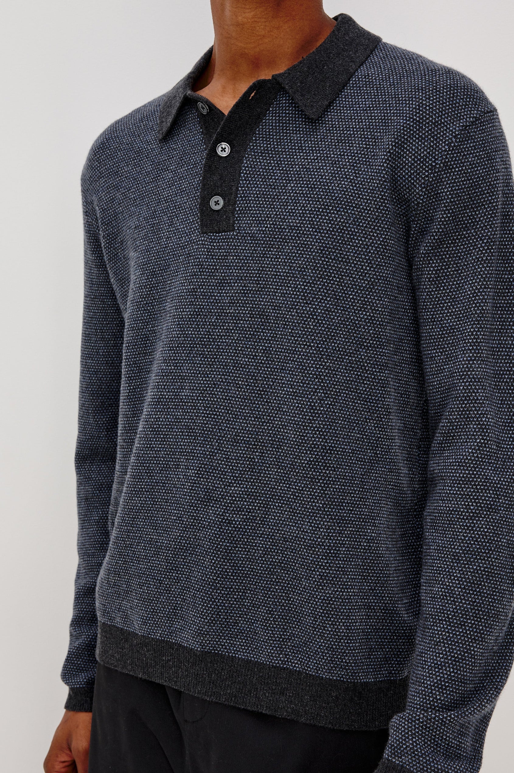 Anders Long Sleeve 3-Button Polo with Contrast Collar, Button Placket, Hem and Cuffs in Navy Blue Colorway. Front Detail View Featured on Model.