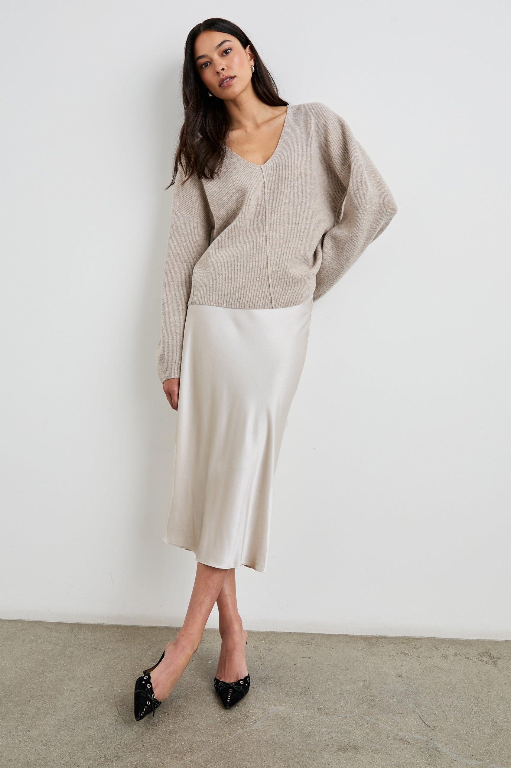 Berlin Midi Skirt in Ivory Colorway - Front Full Body View Featured on Model