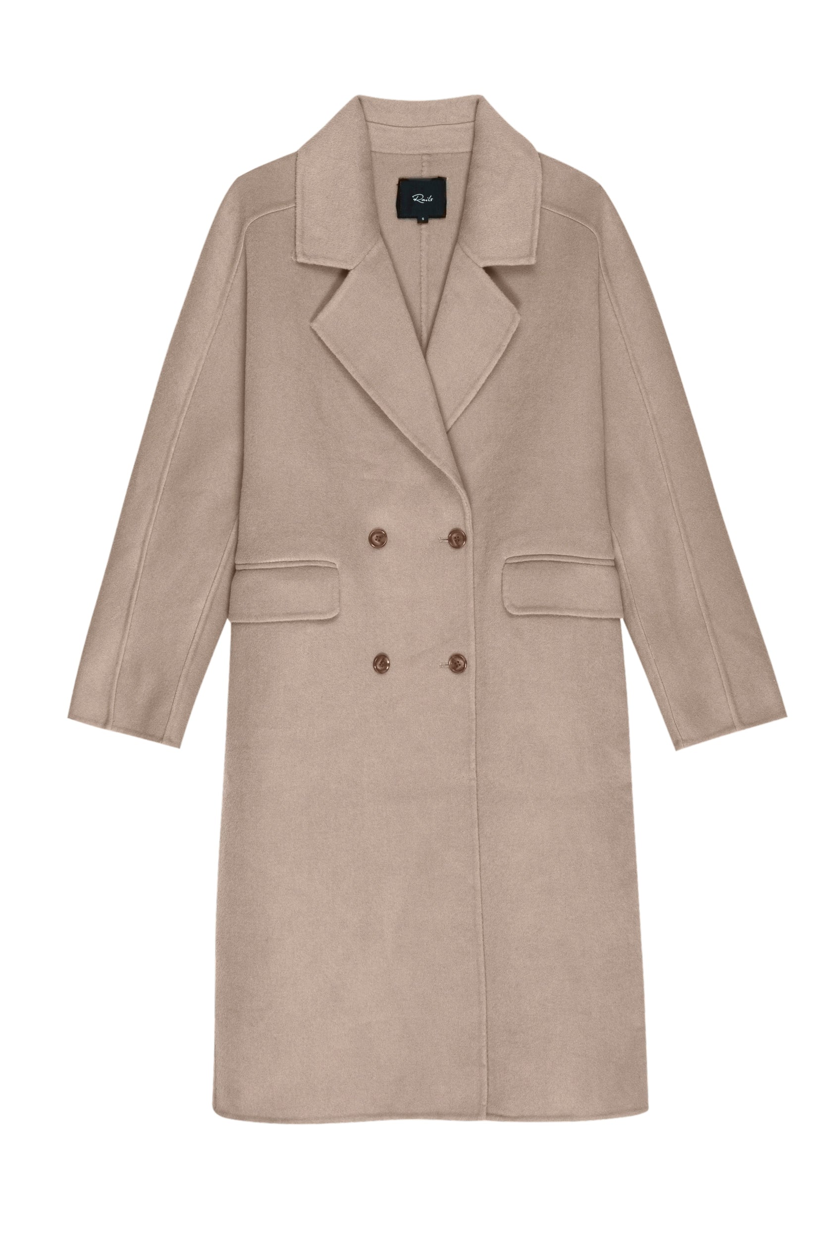Bristol Knee-Length Double Breasted Coat with Two-Button Closure, Notched Lapels, Two Front Flap Pockets, Center Back Seams, and a Belted Back in Mink Colorway, a Light Brown - Front View