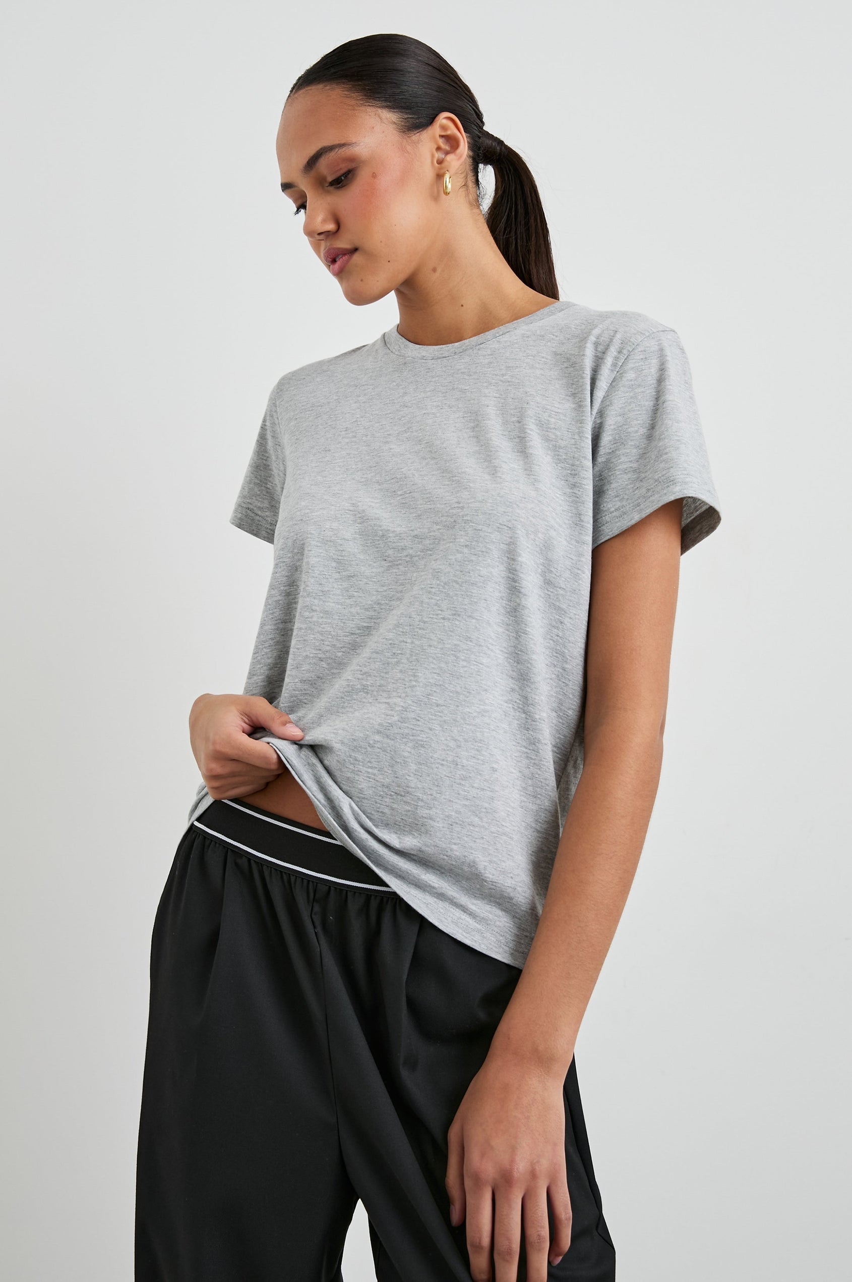 Classic Short Sleeve Crew Neck T-Shirt in Heather Grey Colorway - Front View Featured on Model