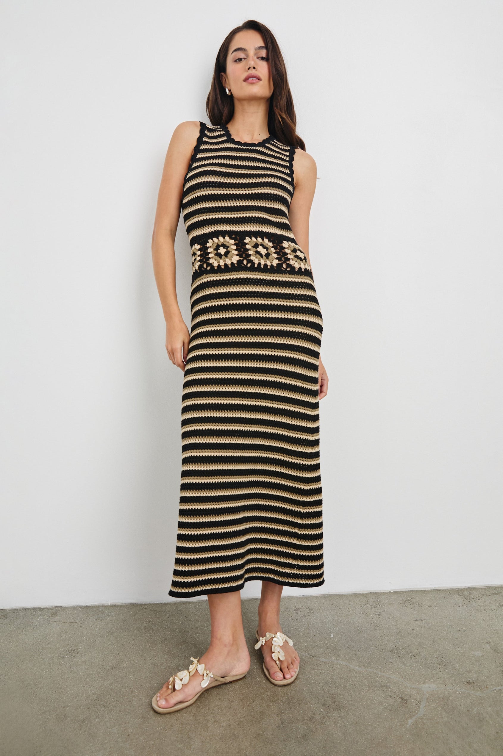 Coco Midi Sleeveless Dress in Brown and Black Milos Crochet Colorway. Full Body Front View Shown on Model.