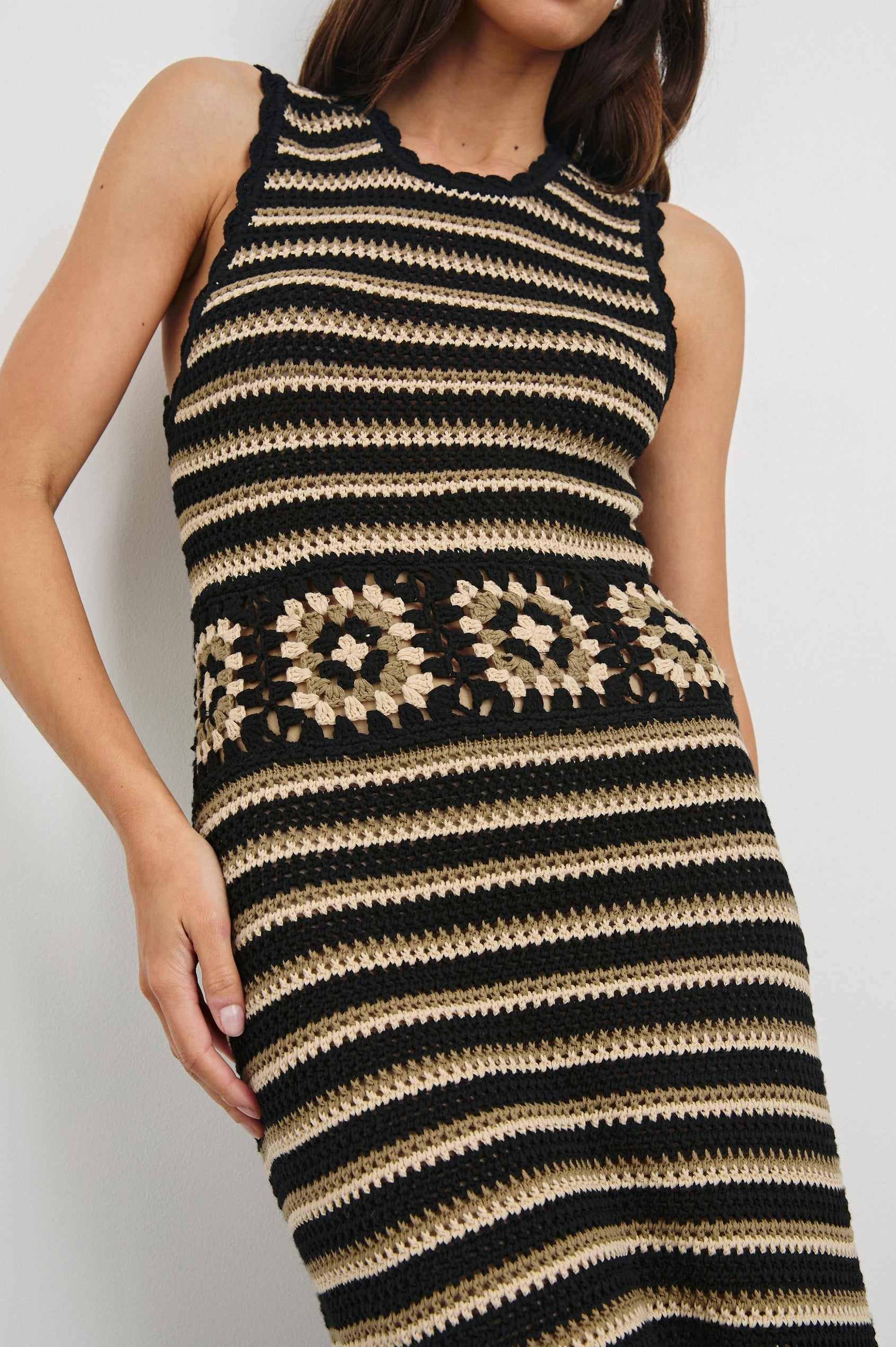 Coco Midi Sleeveless Dress in Brown and Black Milos Crochet Colorway. Front Detailed View Shown on Model.