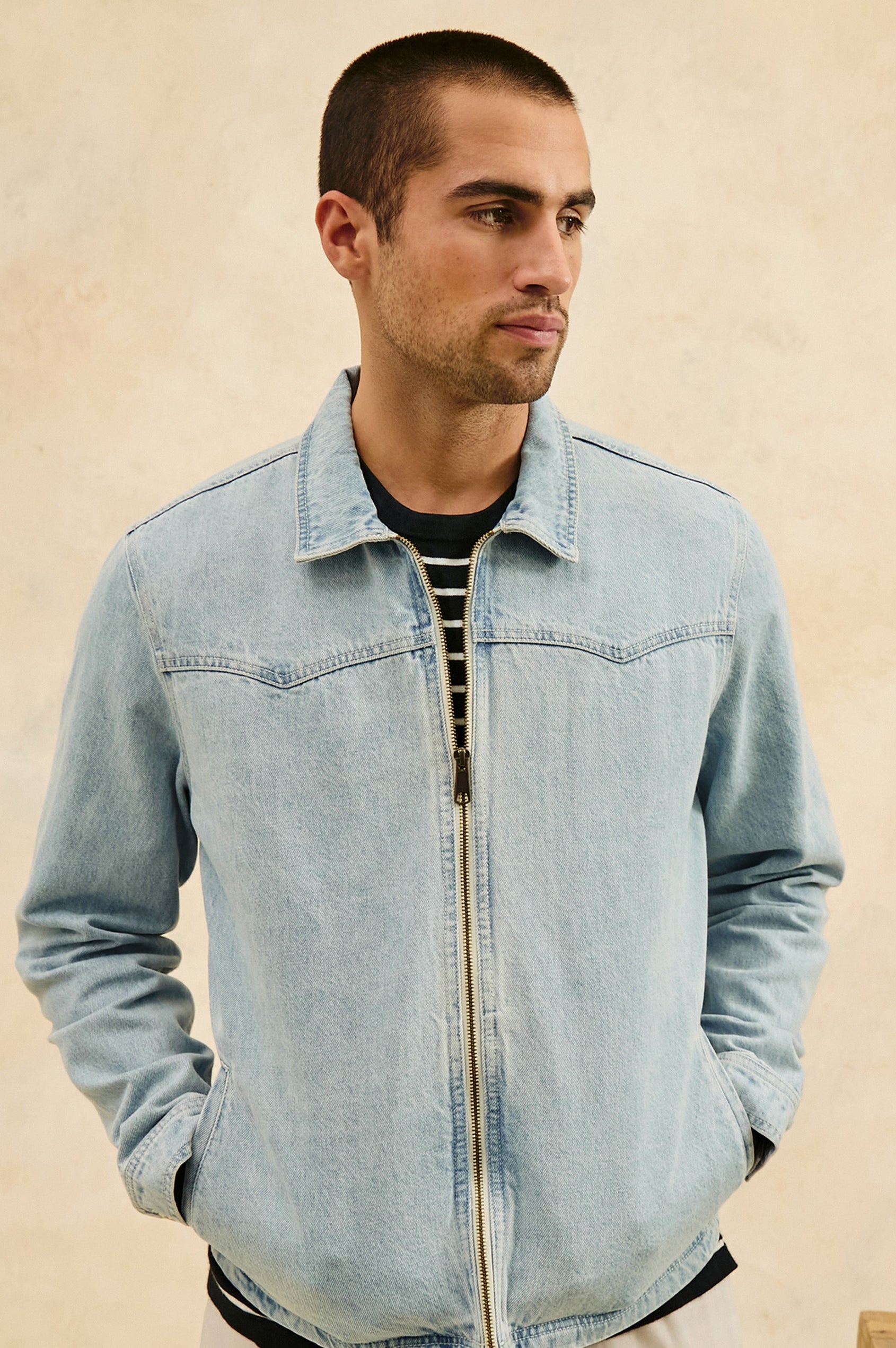 Cooke western style zip-up jacket with contrast stitching details in Light Wash - front view on model, jacket zipped