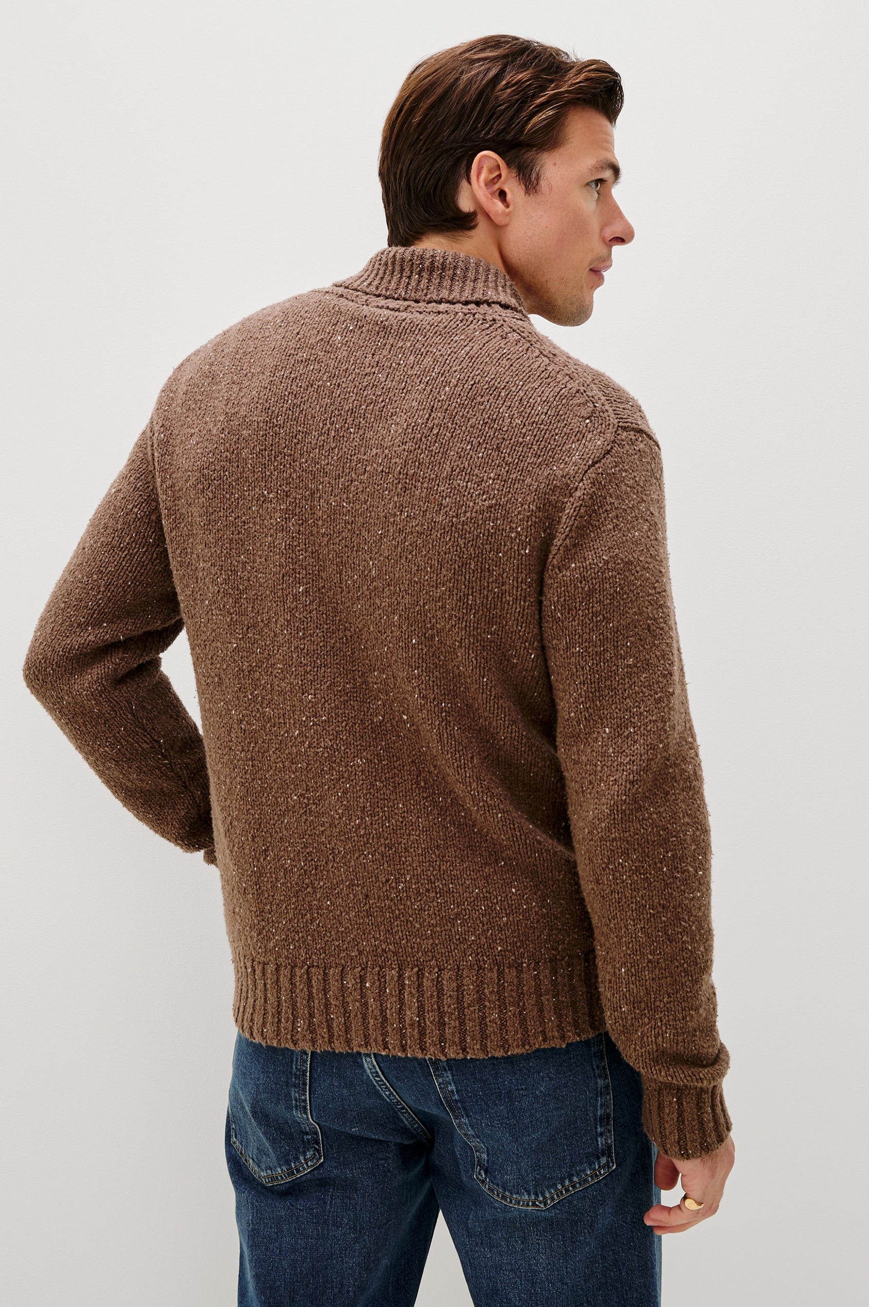 Corden Long-Sleeve Cardigan with Button Closure, a Shawl Collar and Ribbed Trim Chestnut Speckle - Back View Featured on Model