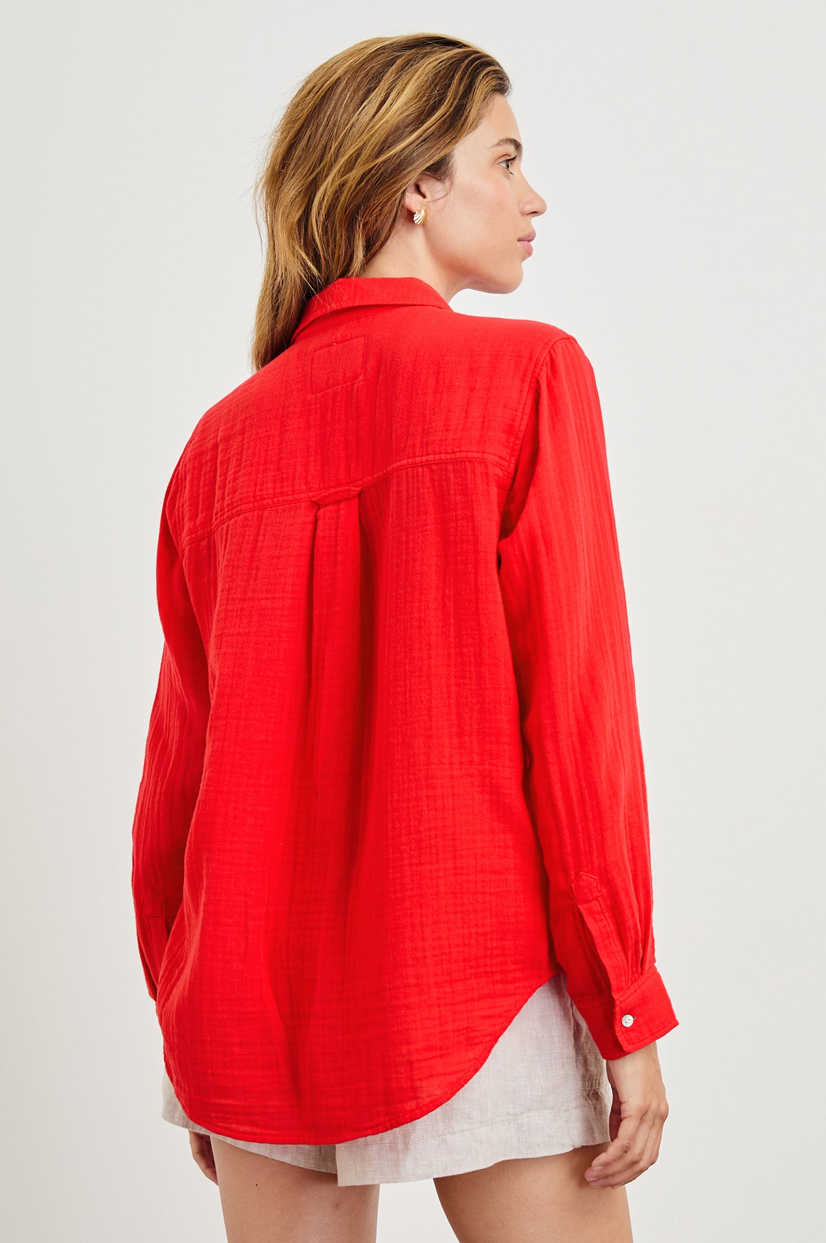 Ellis long sleeve loose fitting button up with single chest pocket in Cherry - back view on model