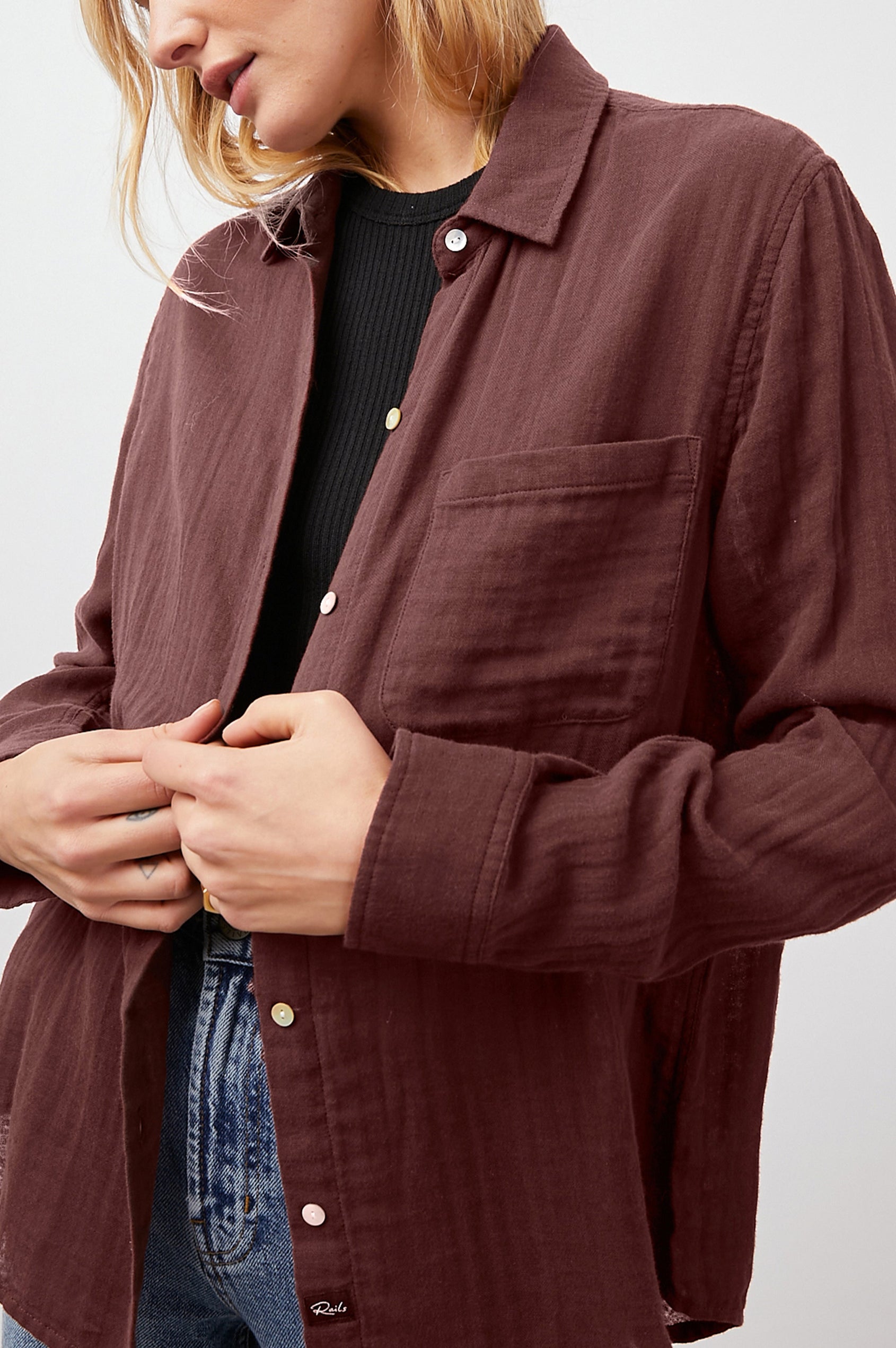 Ellis Long-Sleeve Button Down with Cuffs and a Patch Chest Pocket in Russet Colorway - Front Unbuttoned View Featured on Model