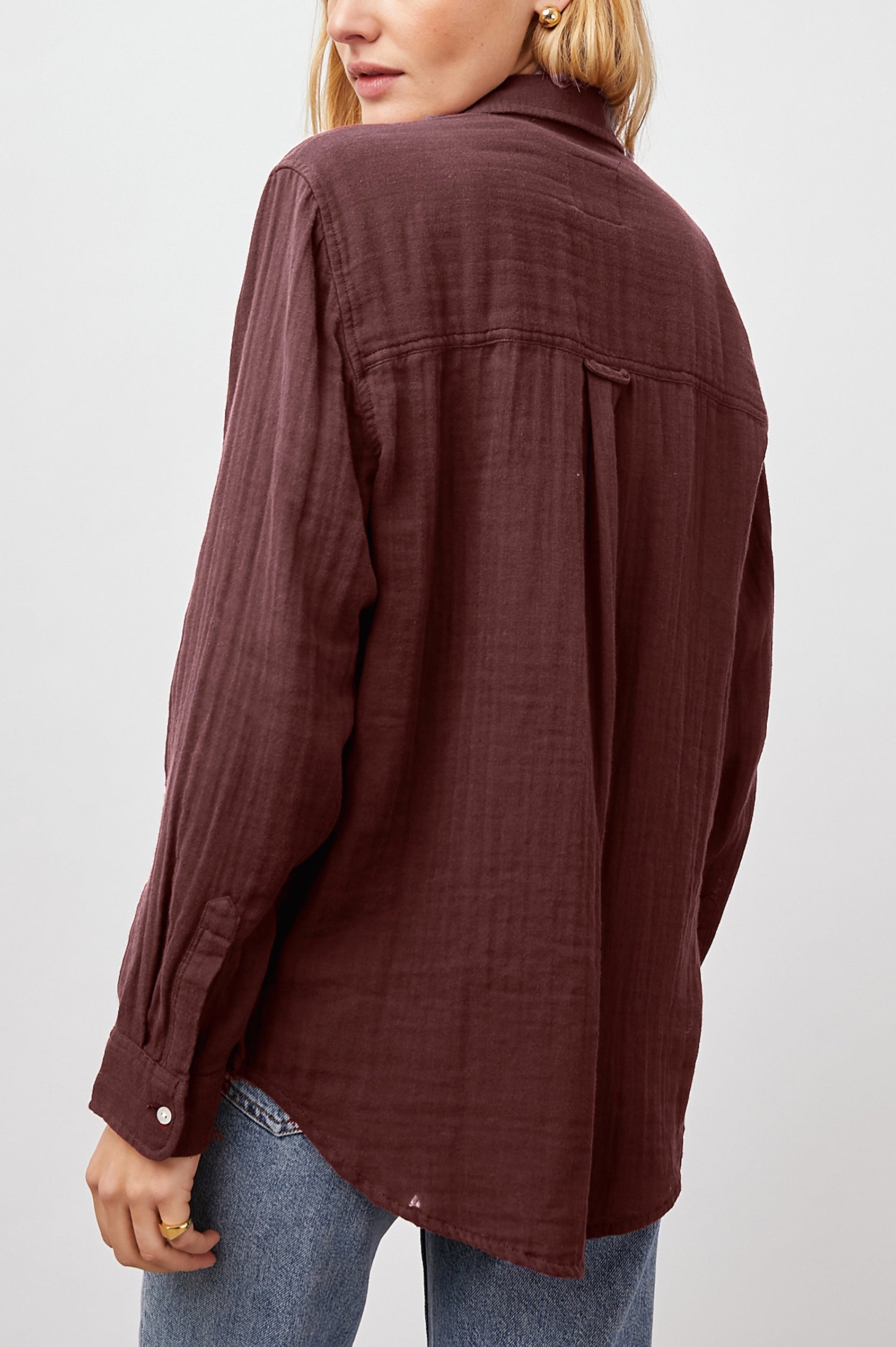 Ellis Long-Sleeve Button Down with Cuffs and a Patch Chest Pocket in Russet Colorway - Back View Featured on Model