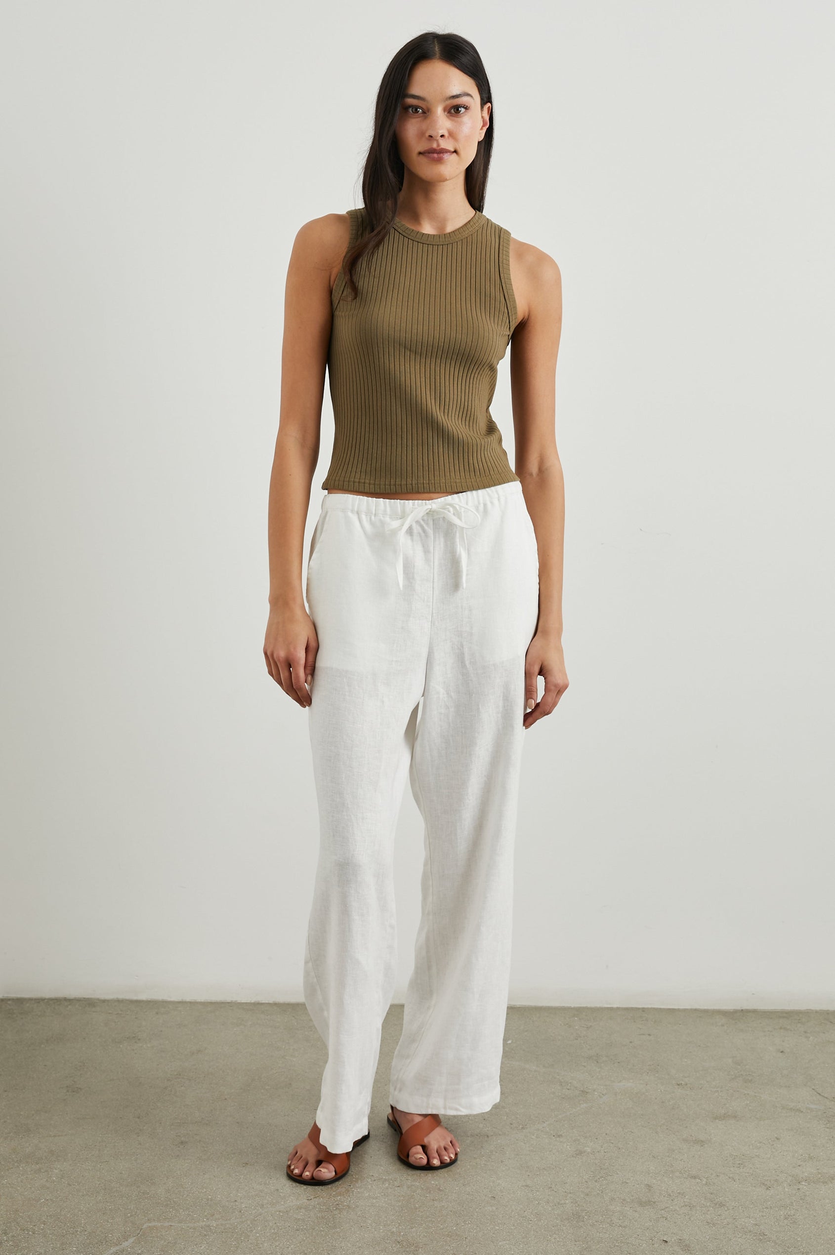 Emmie Pants with a Drawstring Waist and Two Front Pockets in White Colorway - Front Full Body View Featured on Model