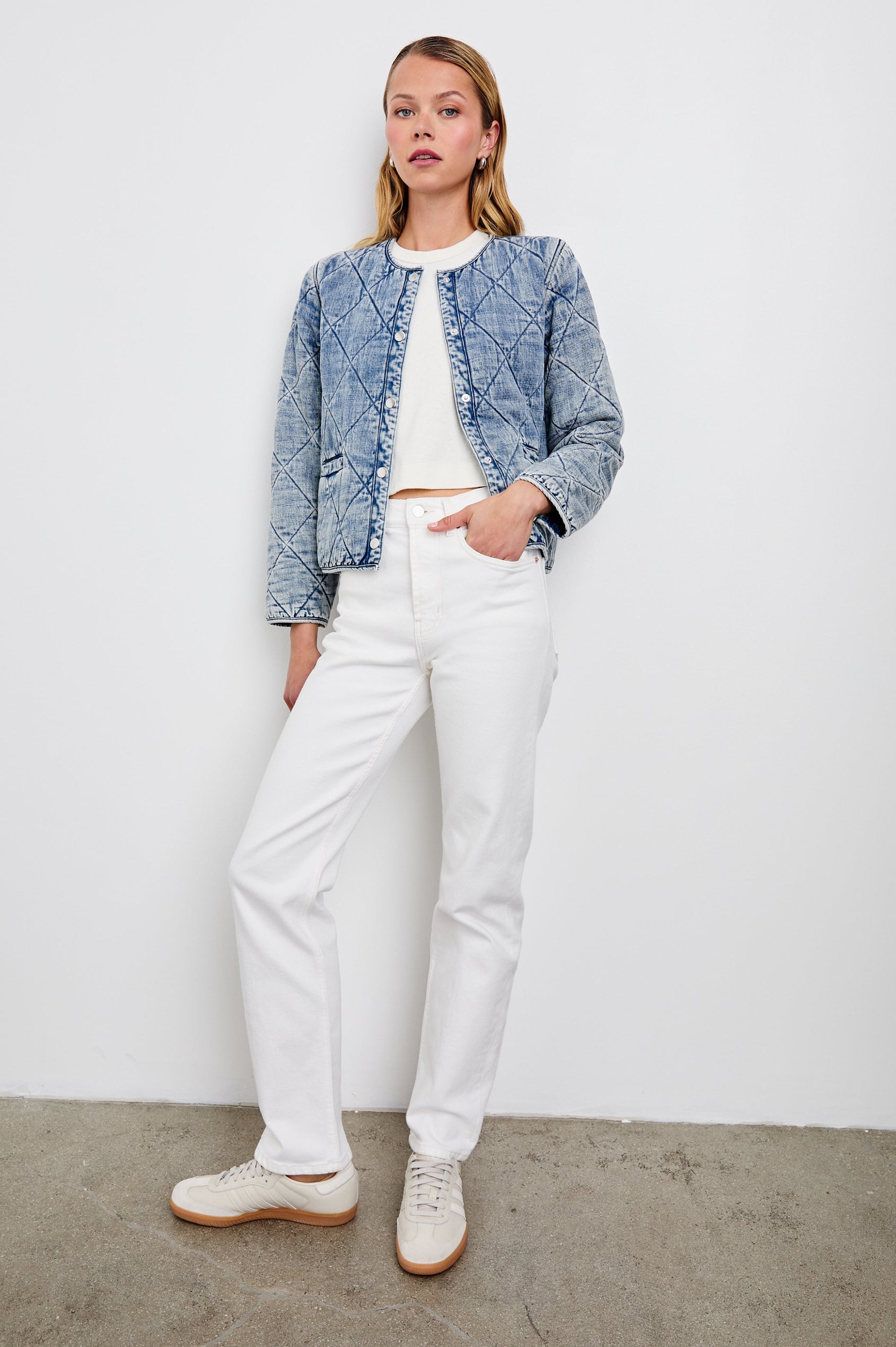 Ency Jacket with Quilted Denim, Snap Closure and Two Front Patch Pockets in Mid Blue Colorway - Full Body Front View Featured on Model