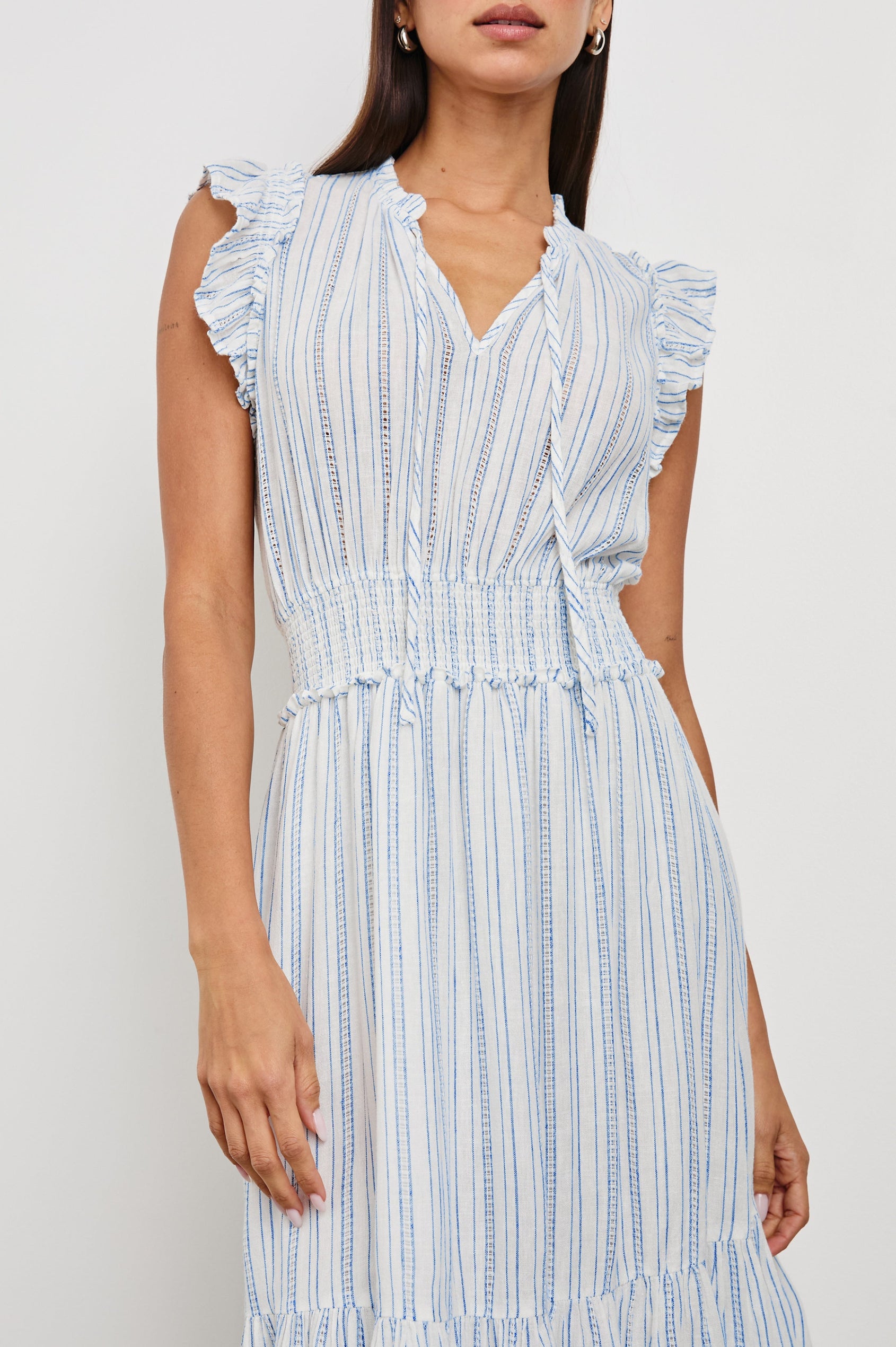 Garden Midi Dress with Flutter Cap Sleeves, Drawstrings at V-Neck and Shirred Waistband in Sonoma Stripe Colorway, Thin Vertical Blue Stripes on White - Front View Featured on Model