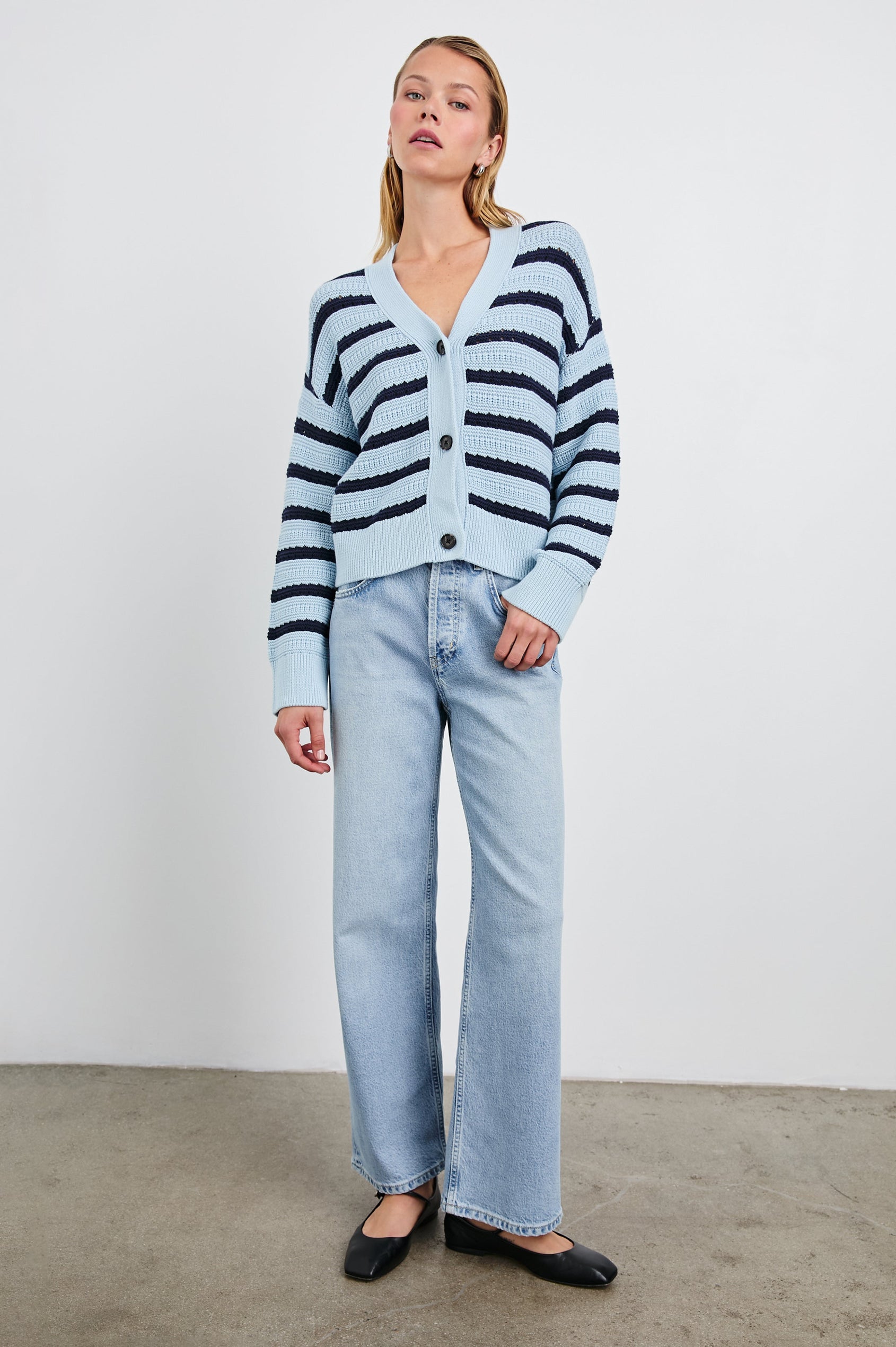 Geneva Long-Sleeve Cardigan with Button Closure in Sky Navy Stripe Colorway, Horizontal Stripes - Front Full Body View Featured on Model