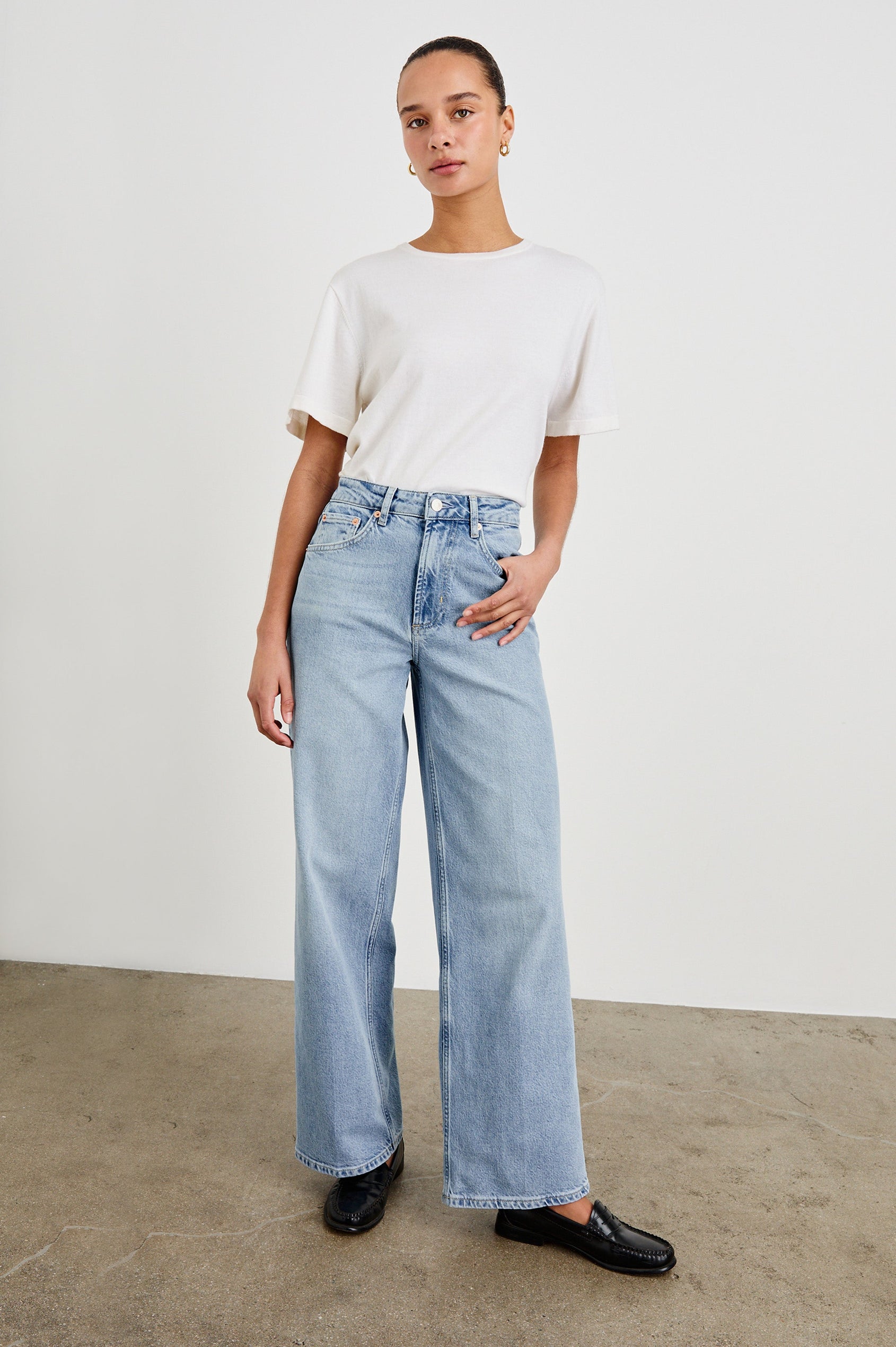 Getty high waisted 5 pocket wide leg jean in light wash Jasper - full body front view on model