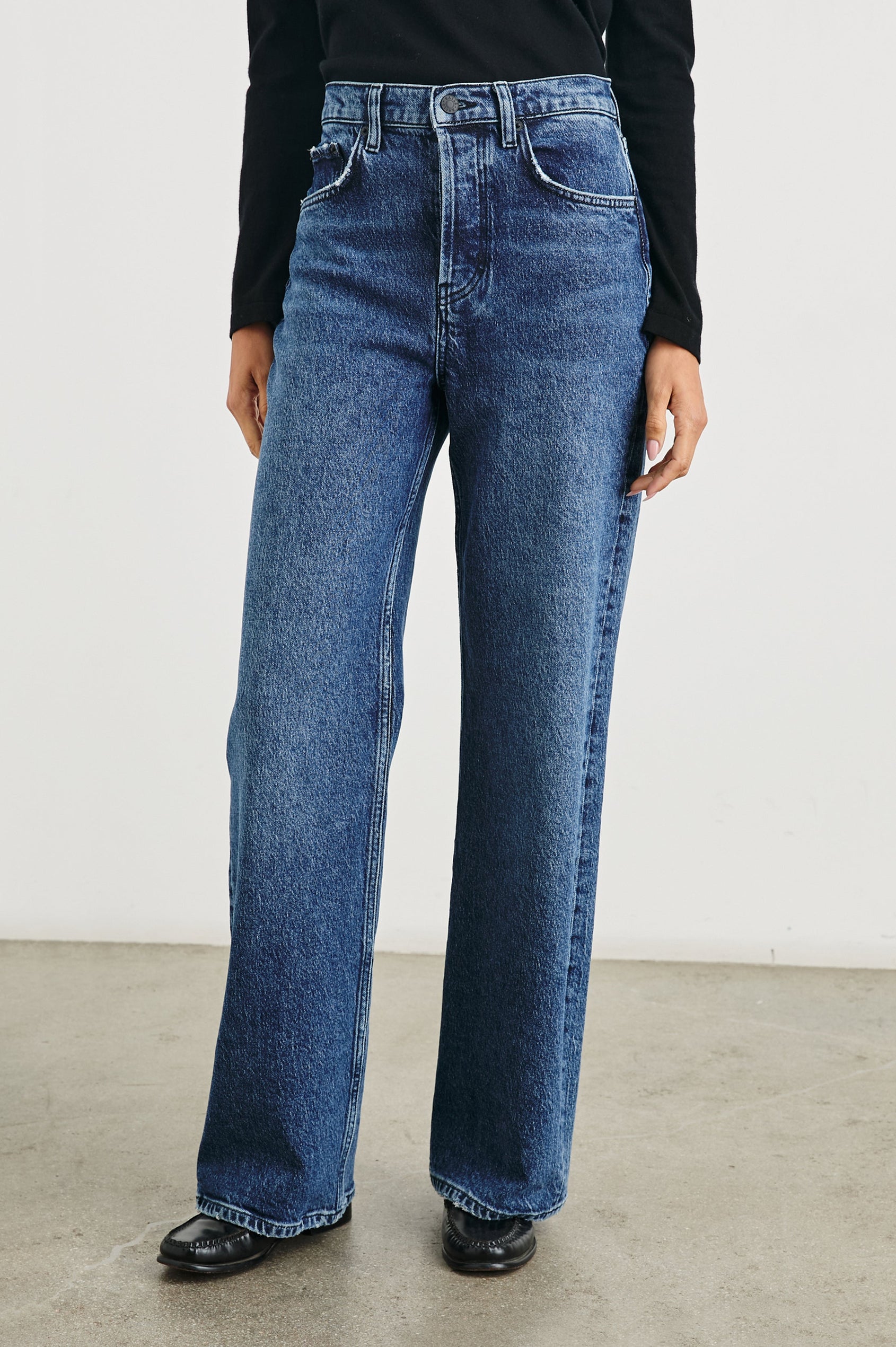 Getty Wide Leg Denim Pants with Belt Loops, Two Front Pockets and Two Back Patch Pockets in Moonlit Ocean Colorway - Front View Featured on Model
