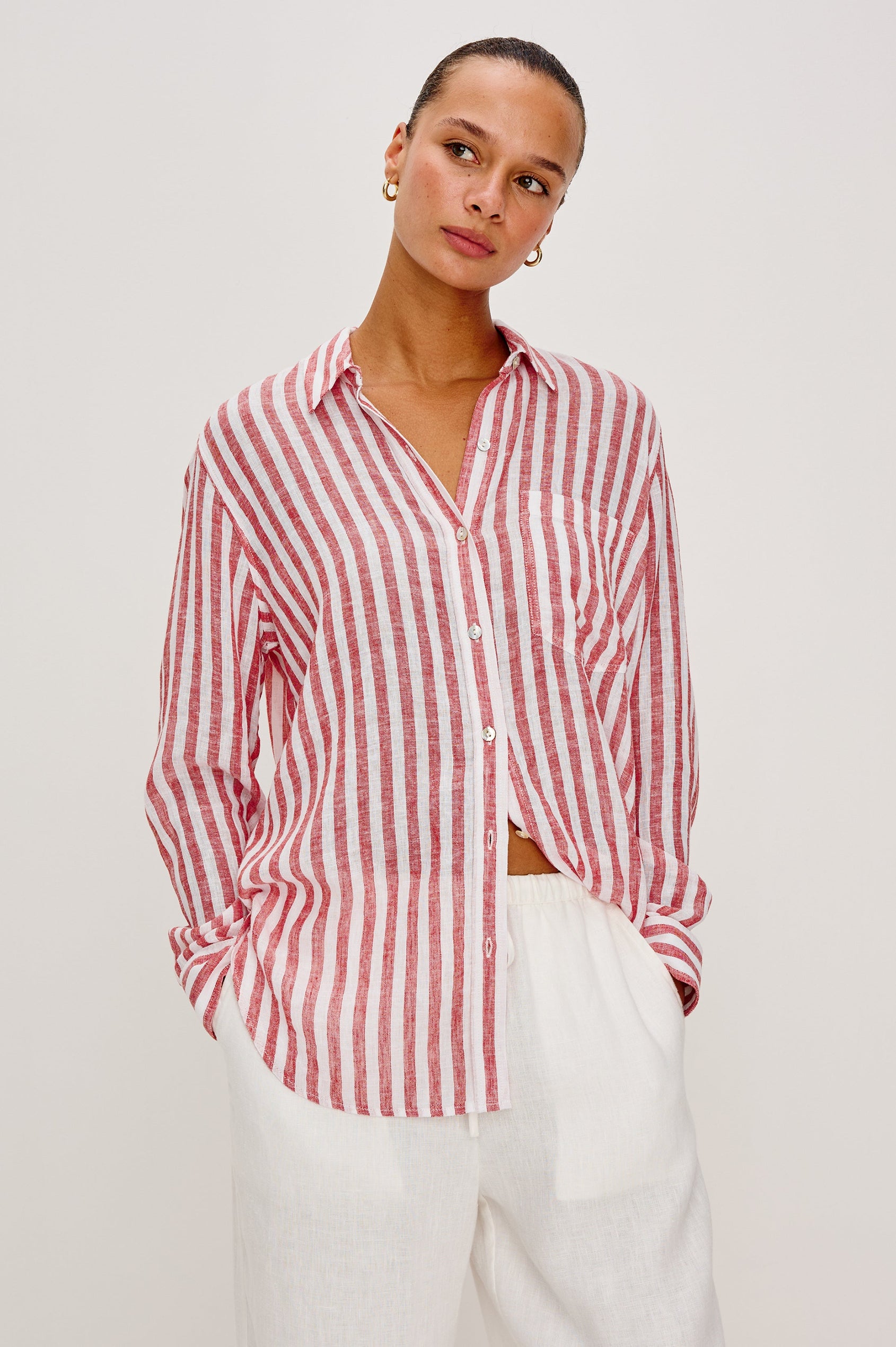 Giada lightweight linen button up shirt in Ravello Stripe - front  view on model
