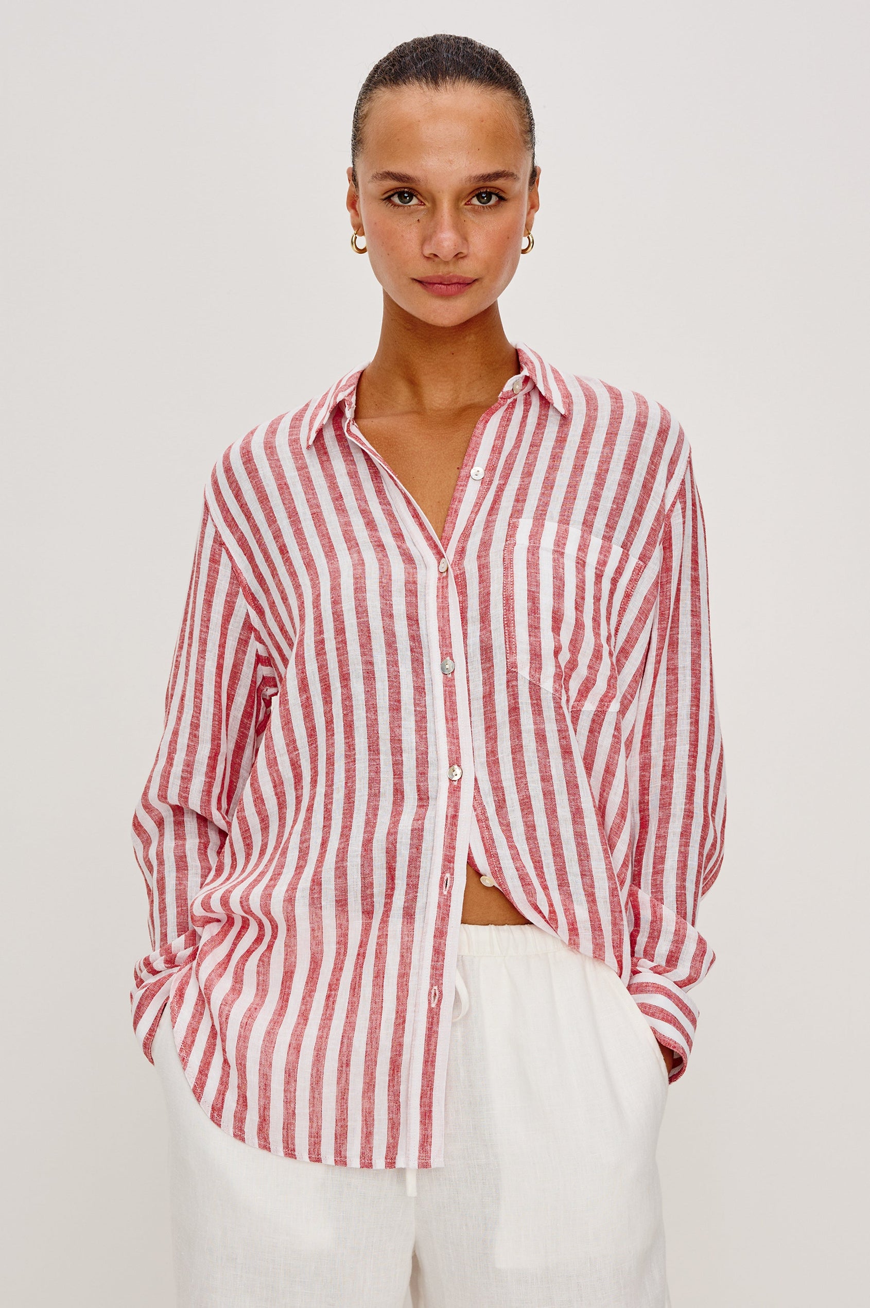Giada lightweight linen button up shirt in Ravello Stripe - front  view on model