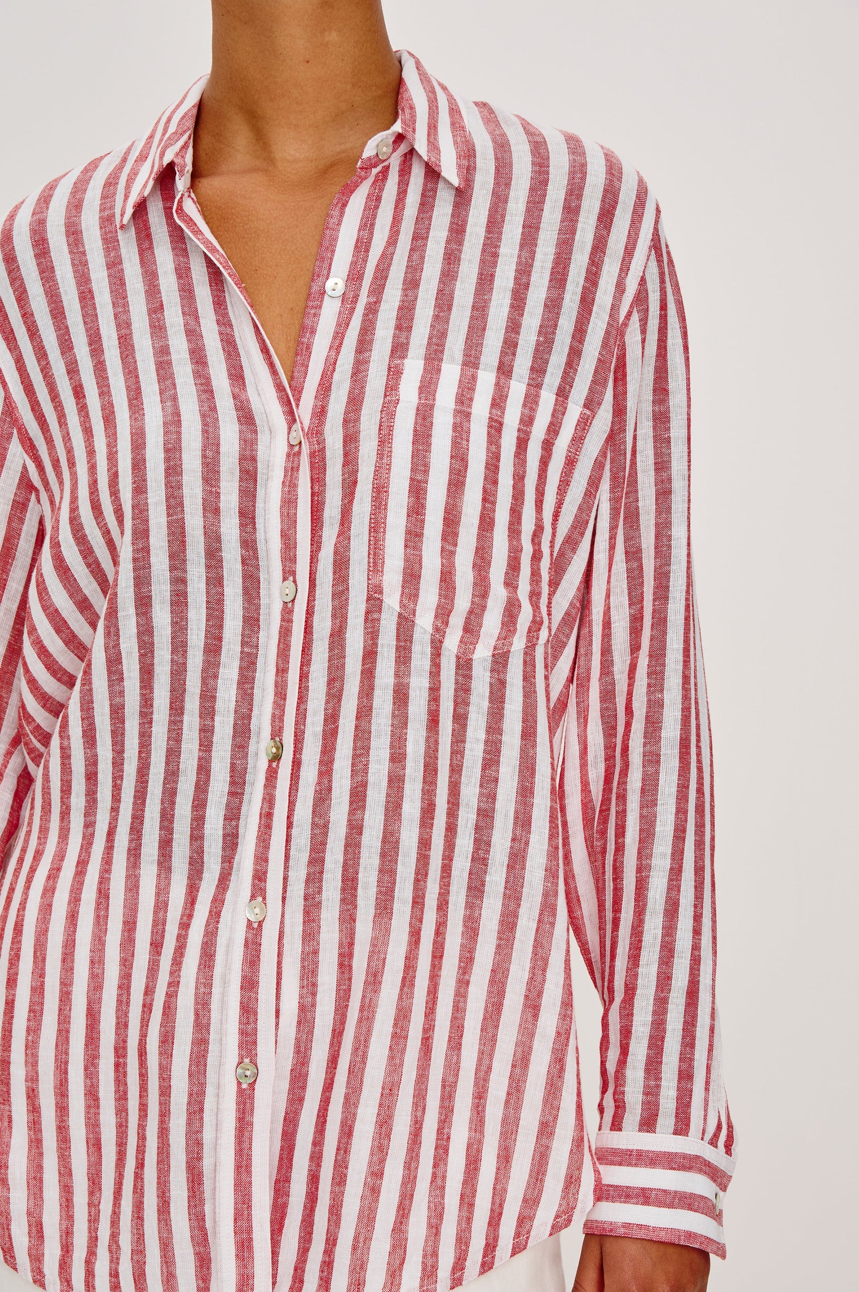 Giada lightweight linen button up shirt in Ravello Stripe - close up of details on model