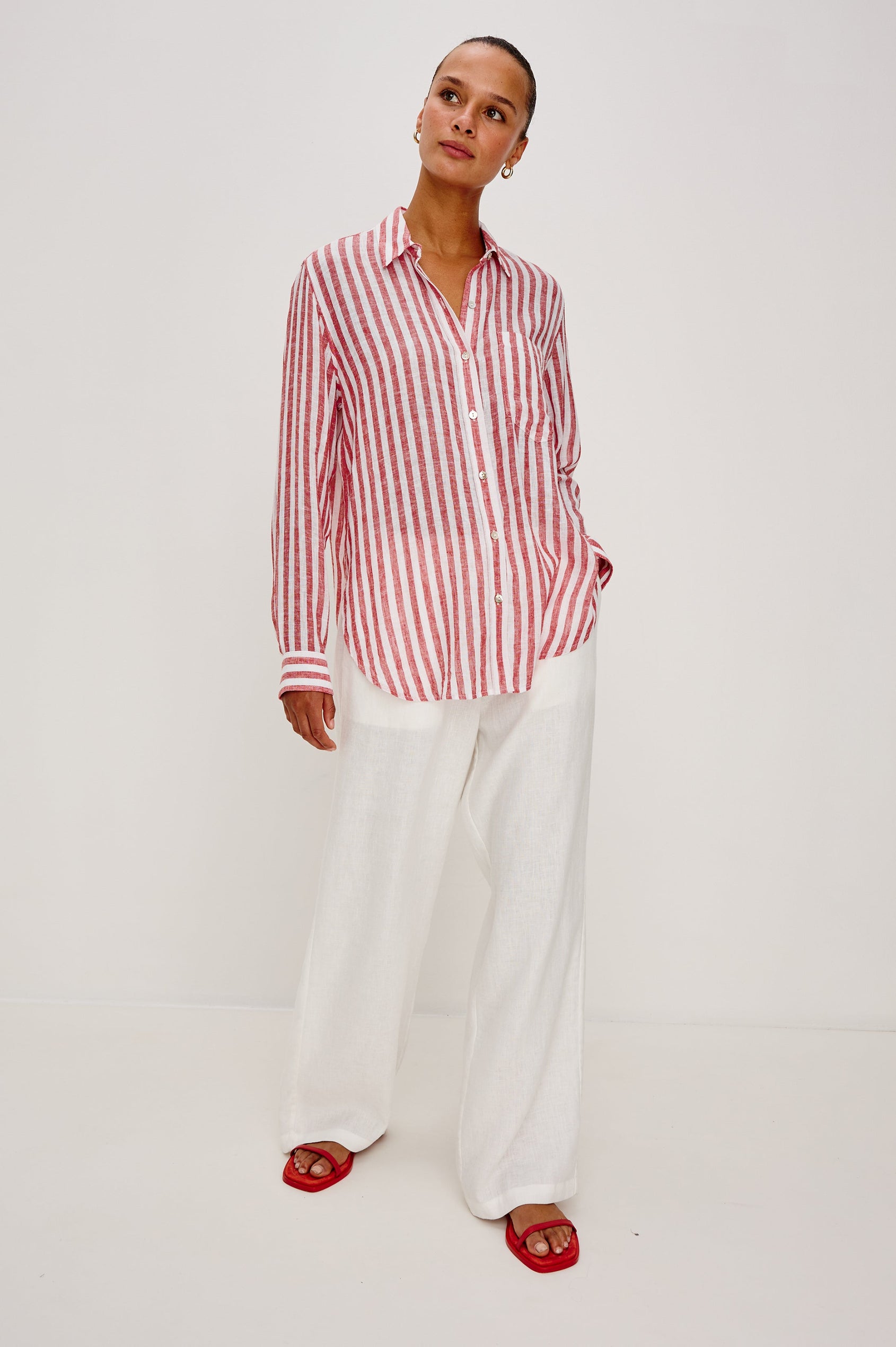 Giada lightweight linen button up shirt in Ravello Stripe - full body front  view on model