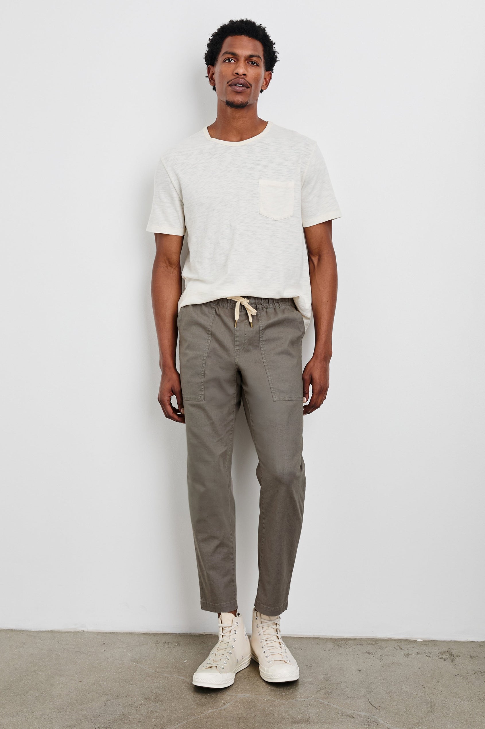 Gobi Pants with Drawstring Waist, Two Large Front Pockets and Two Back Buttoned Patch Pockets in Fallen Rock Colorway - Front Full Body View Featured on Model