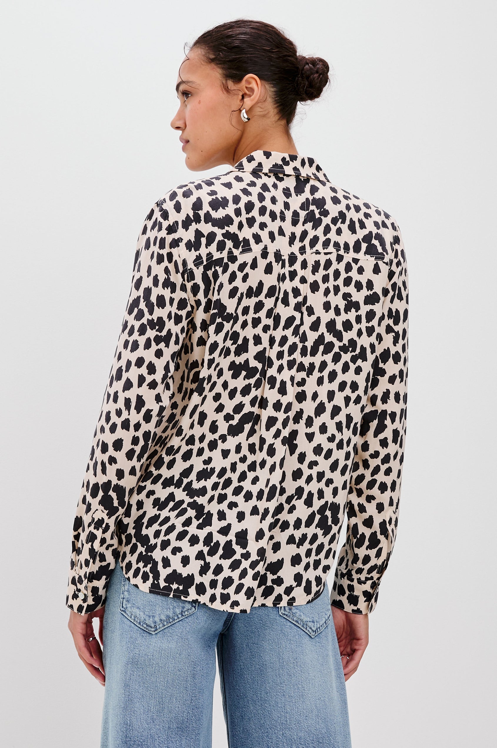 Josephine Collared Button Front Shirt with Long Sleeves and a Front Chest Pocket in Taupe Spotted Colorway. Back View of Model Shown.