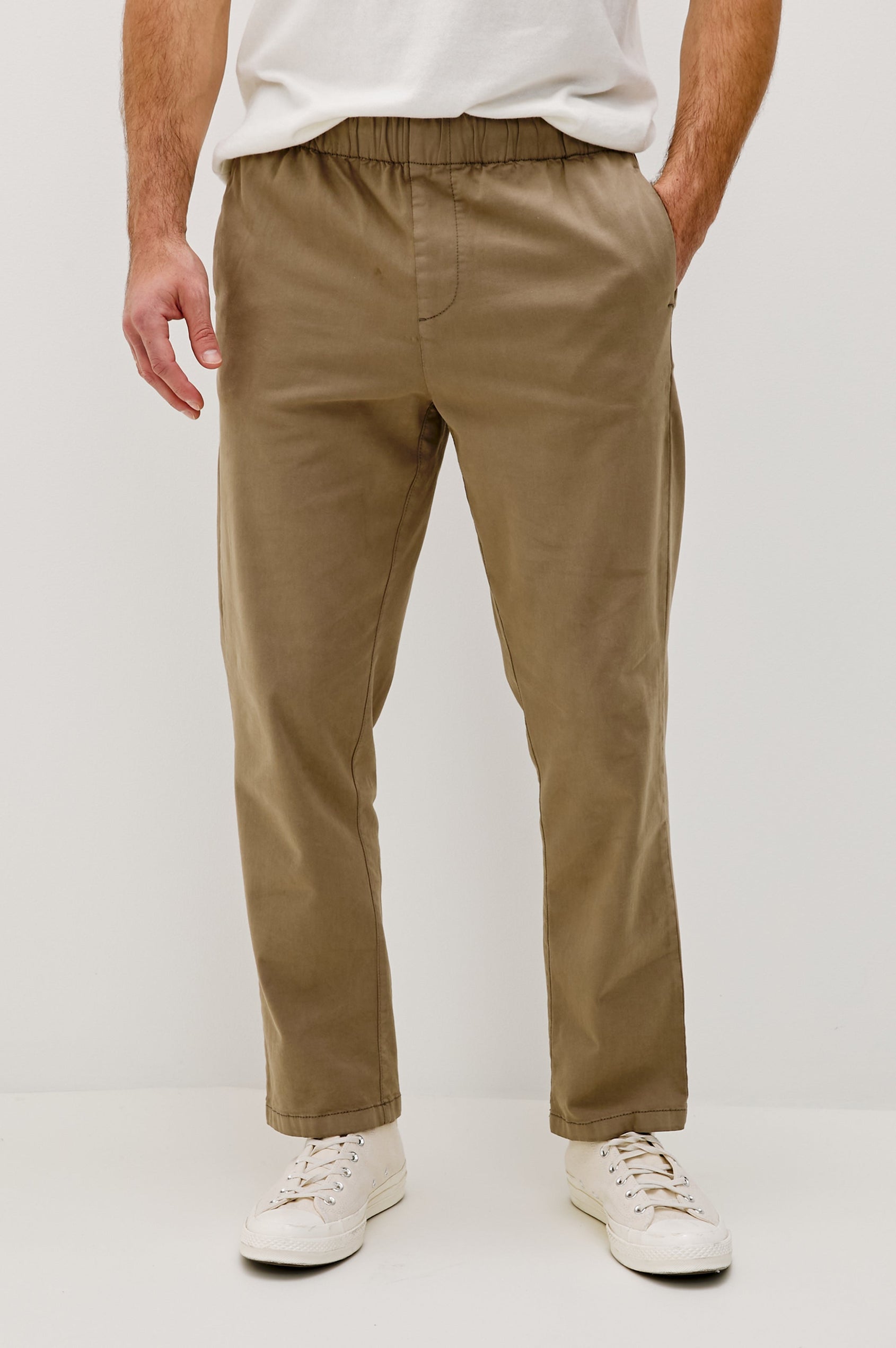 Julian Pants with an Elastic Waist, Two Front Pockets and Two Back Welt Pockets in Barley Colorway - Front View Featured on Model