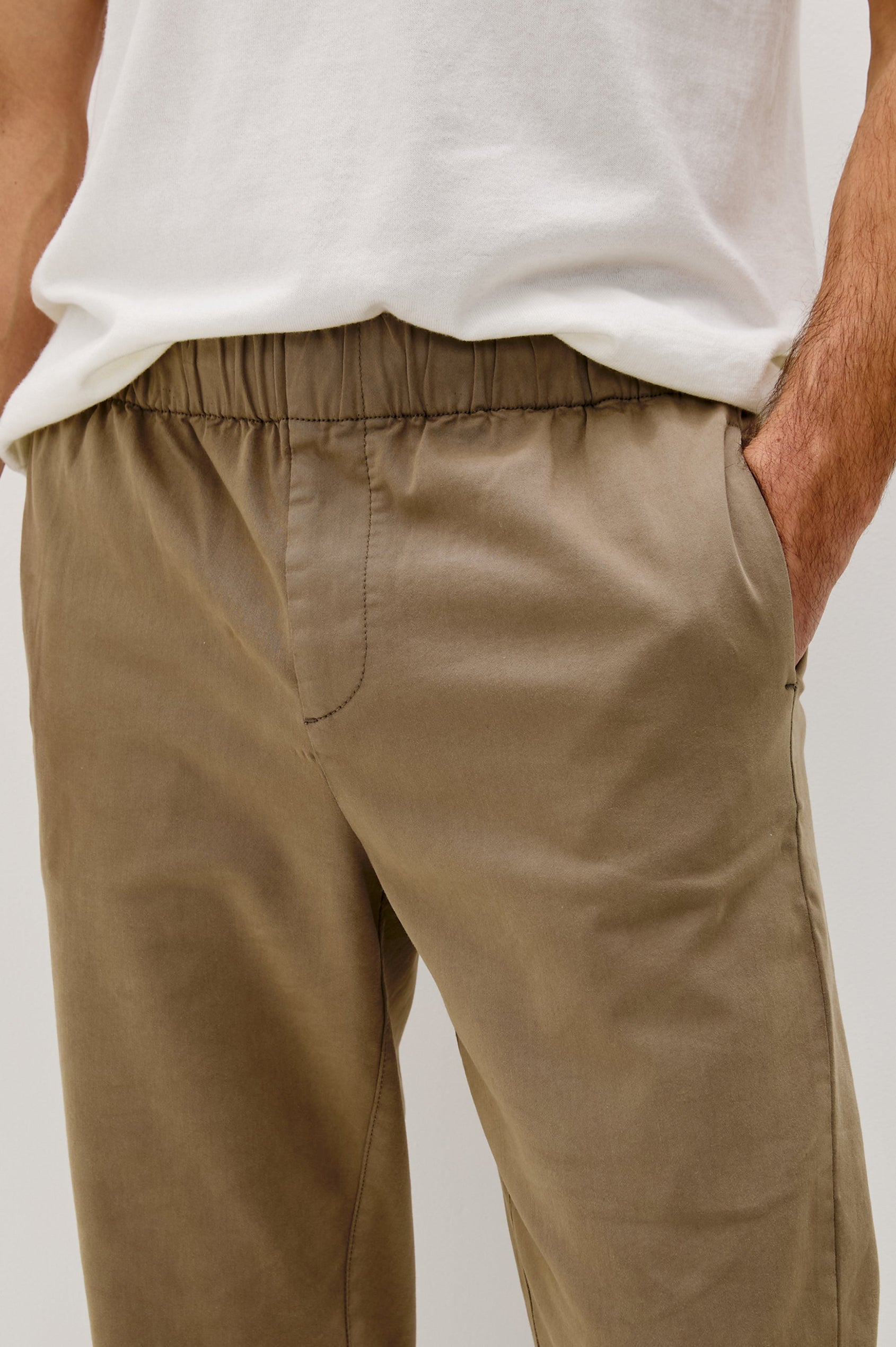 Julian Pants with an Elastic Waist, Two Front Pockets and Two Back Welt Pockets in Barley Colorway - Front Detail View Featured on Model