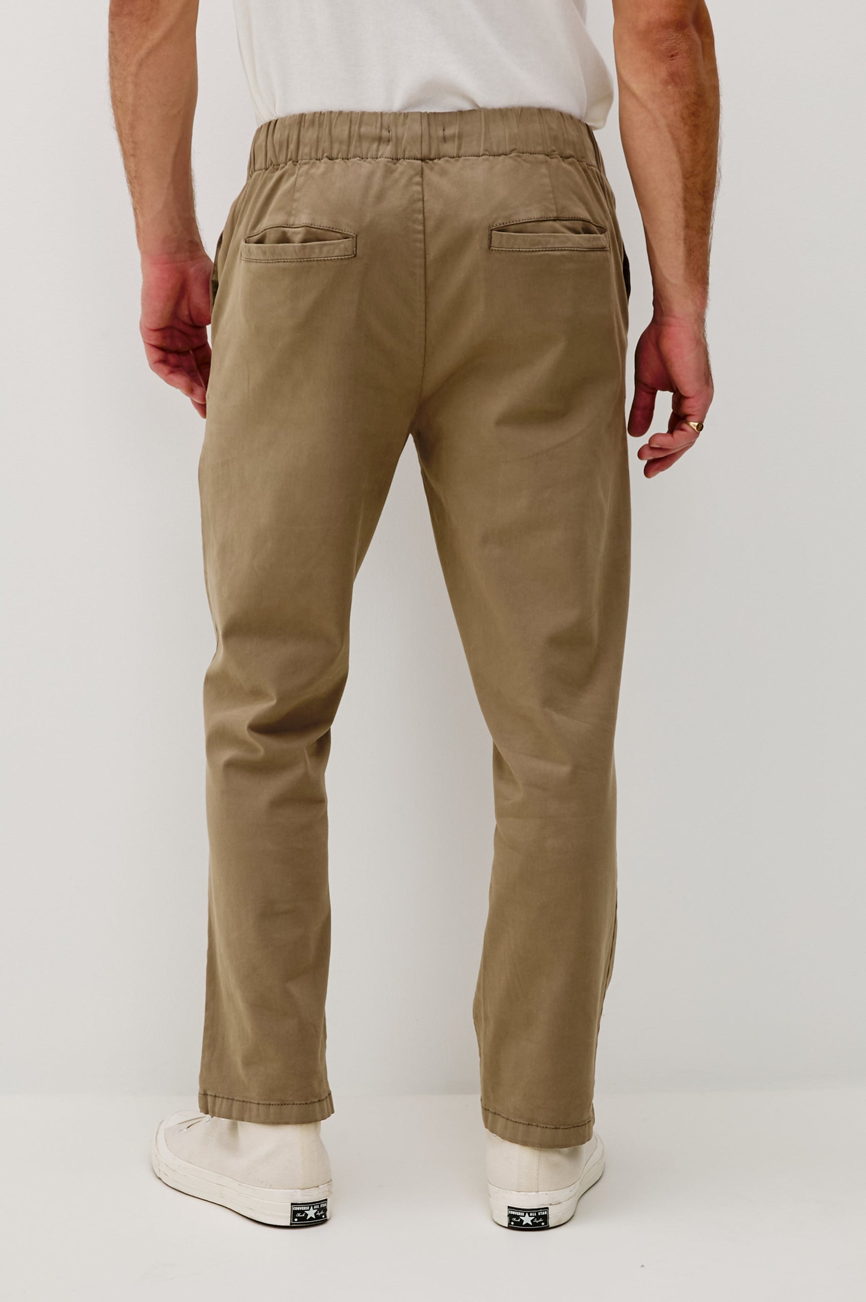 Julian Pants with an Elastic Waist, Two Front Pockets and Two Back Welt Pockets in Barley Colorway - Back View Featured on Model