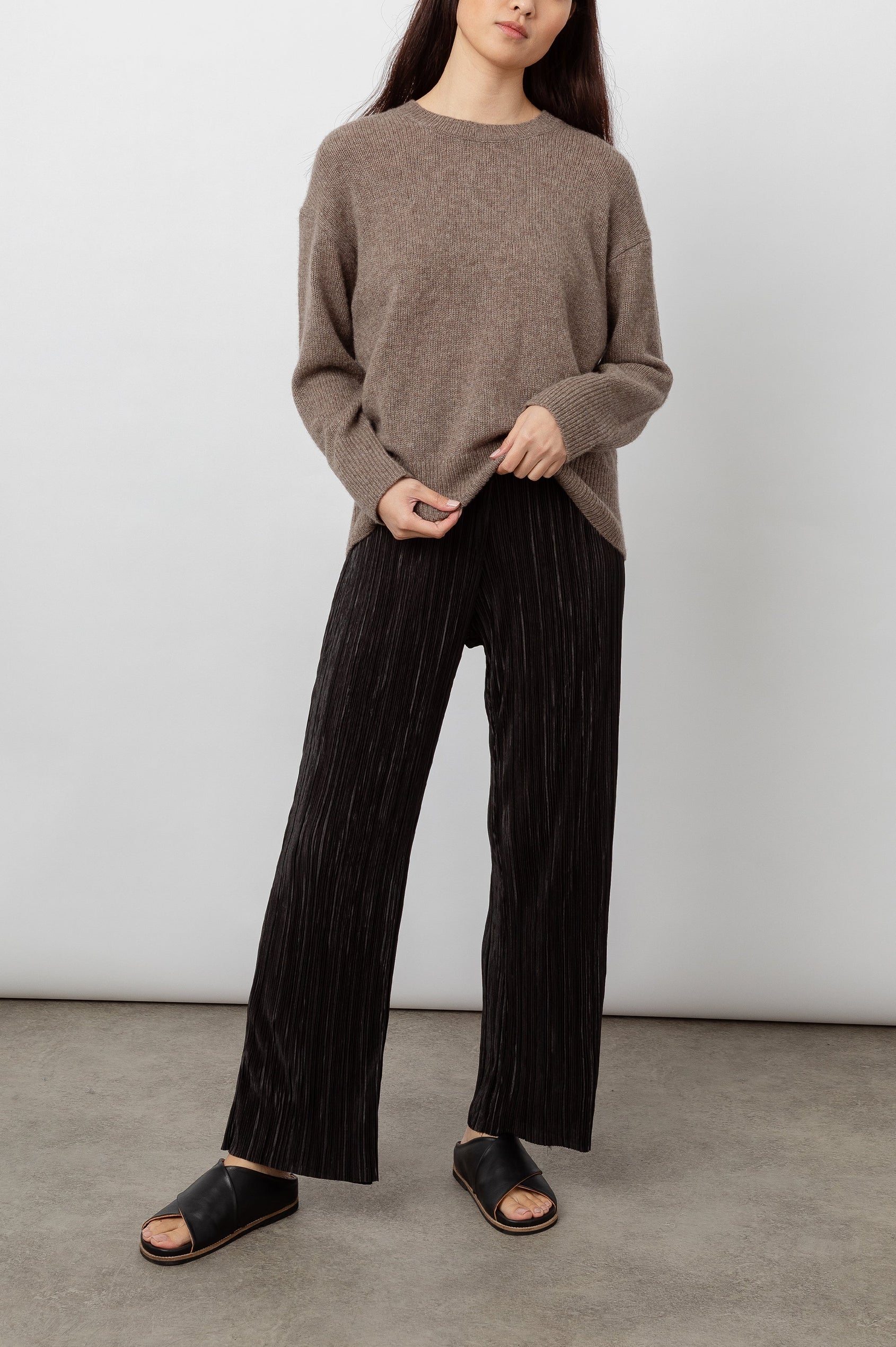 Juno Long-Sleeve Sweater with Crew Neck and Ribbed Trim in Hazelnut Colorway - Front Full Body View Featured on Model