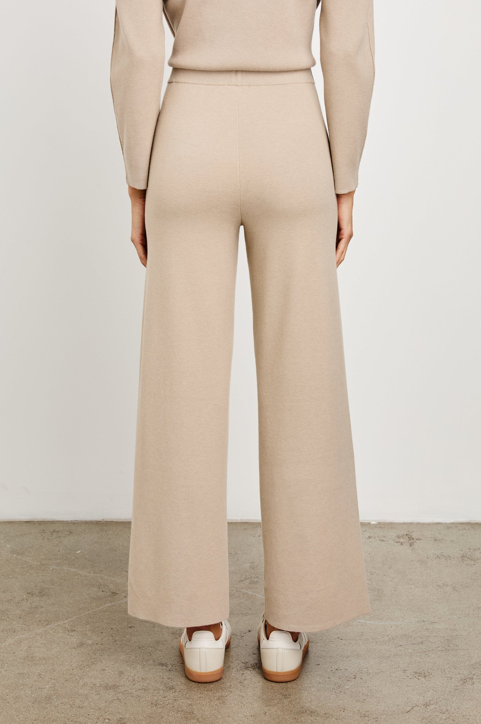 Krista Pants with an Elastic Waist in Oatmeal Colorway - Back View Featured on Model