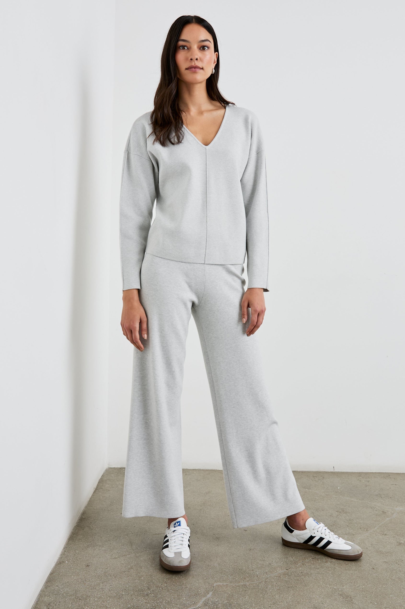 Krista Pants with an Elastic Waist in Light Heather Grey Colorway - Front Full Body View Featured on Model
