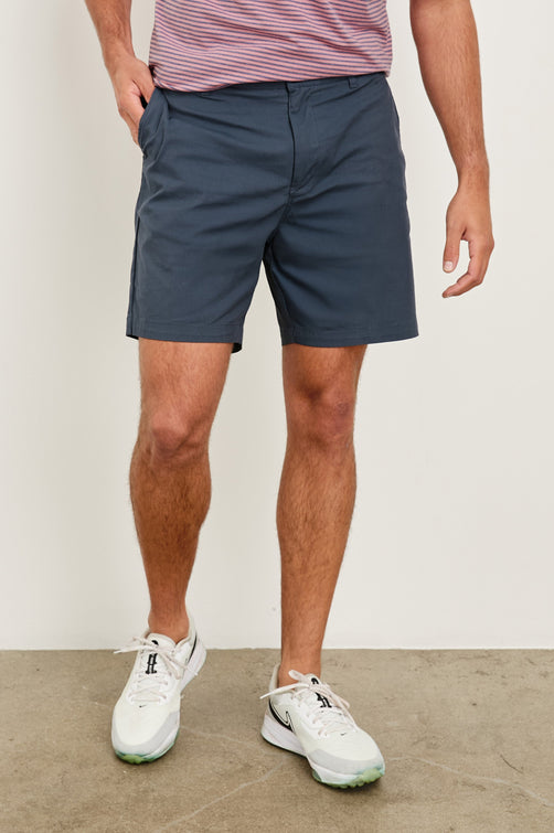 Laguna cotton lid-length short with front button closure and belt loops - front view on model