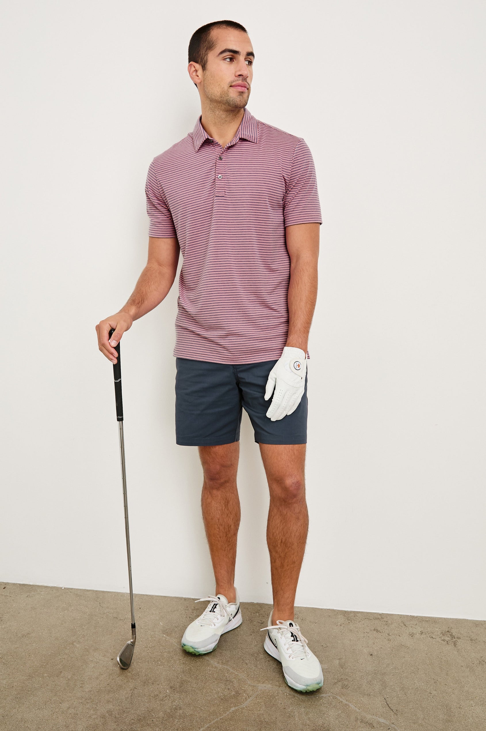 Laguna cotton lid-length short with front button closure and belt loops - full body front view on model