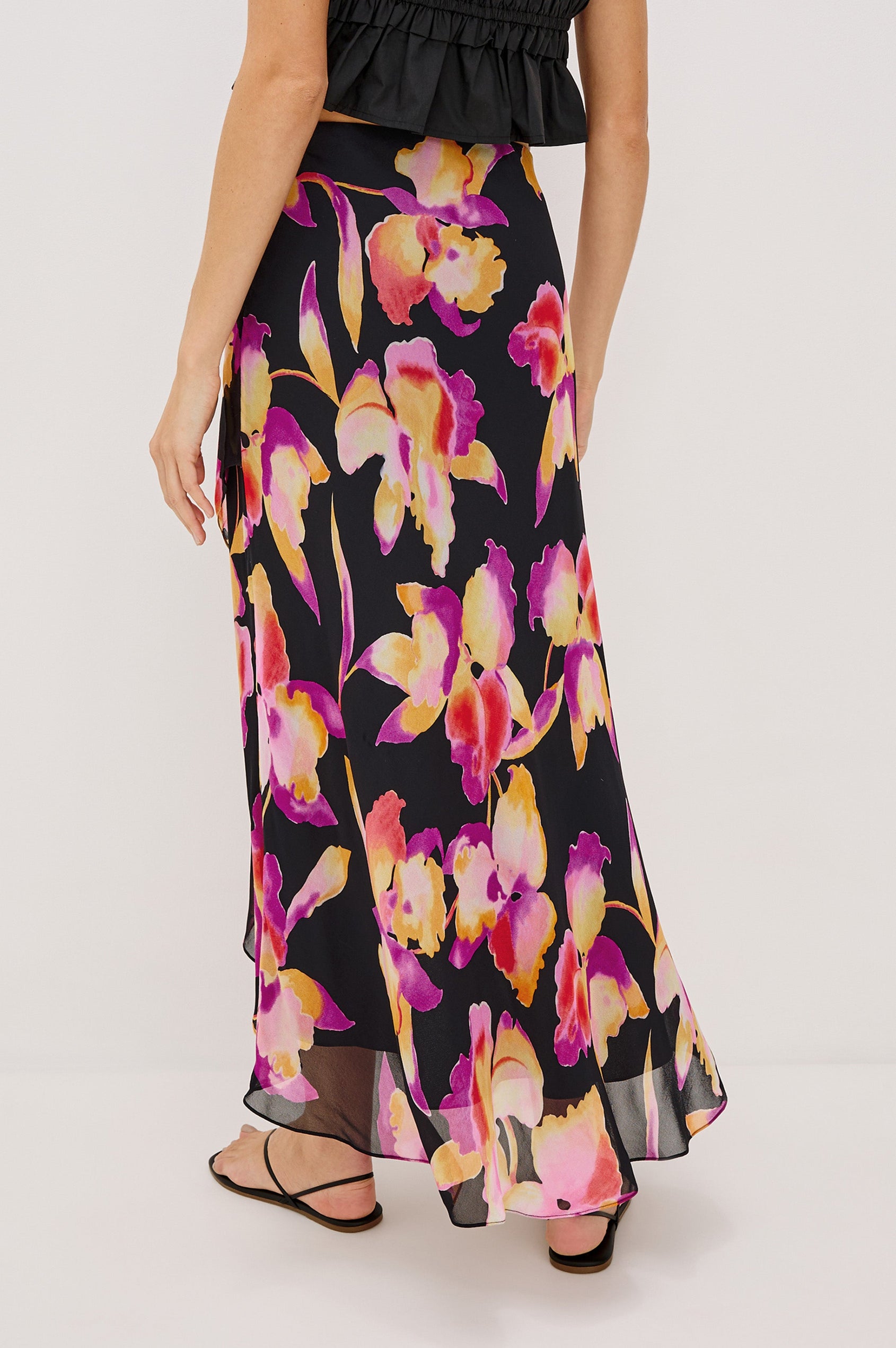 Lenora Cross Front Skirt, High-Low Midi Length, Hidden Elastic Waistband, Lined, in Dusk Orchid Colorway. Back View Shown on Model.