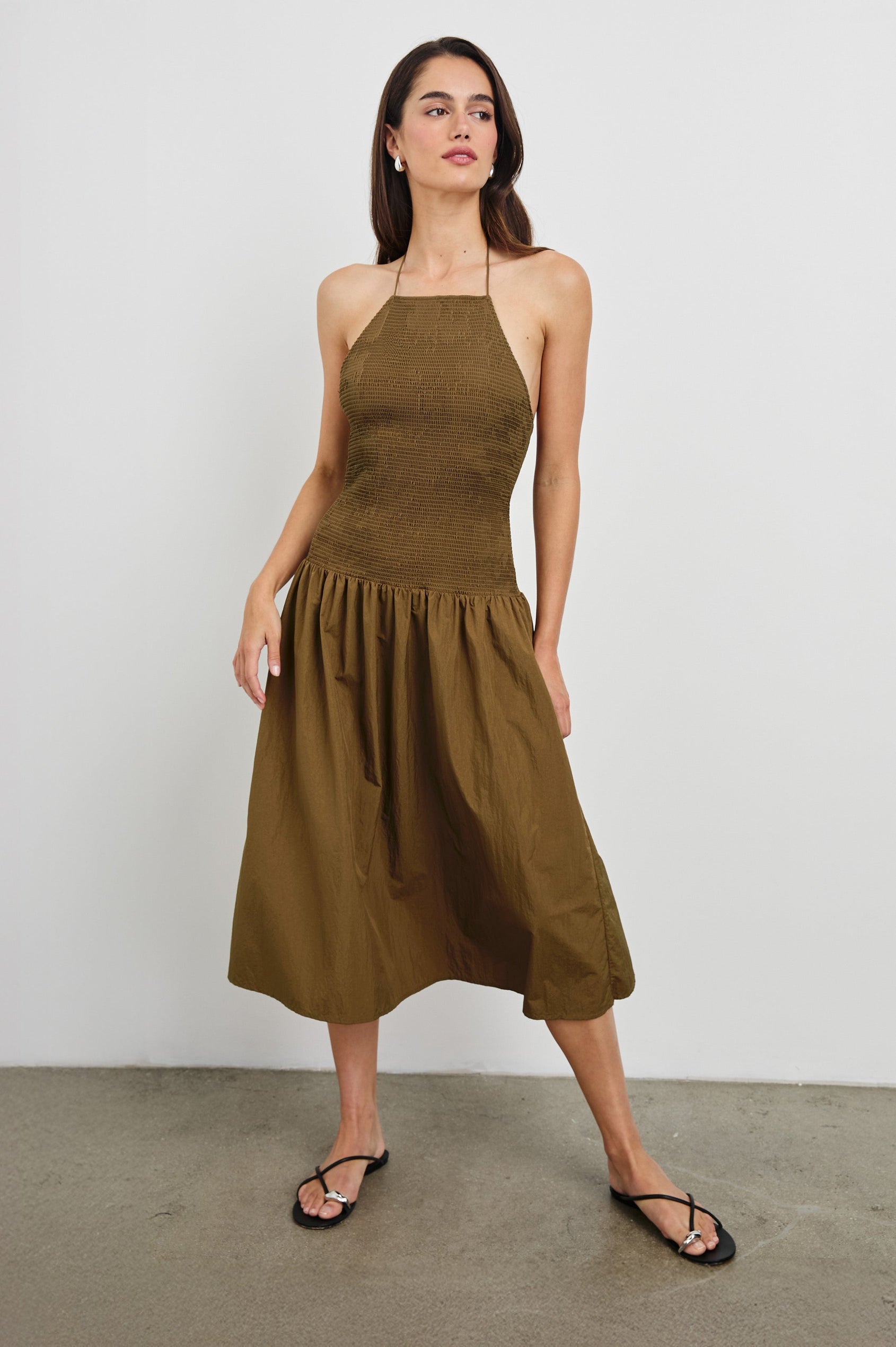 Leslie Midi Halter Dress with a Drop Waist, Contrast Skirt and a Square Neckline in Sepia Colorway. Full Body Front View Shown on Model.