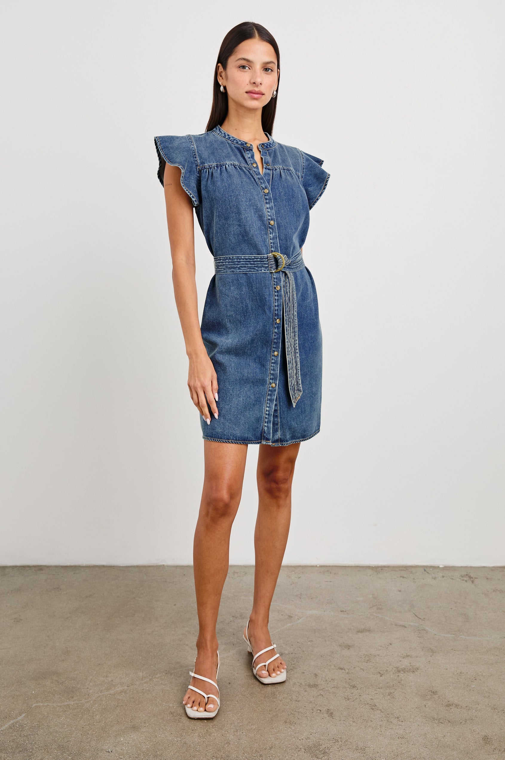 Letta Above-Knee Dress with Flutter Sleeves, Snaps down the Front, and a Belted Waist in Classic Blue Colorway - Front Full Body View Featured on Model