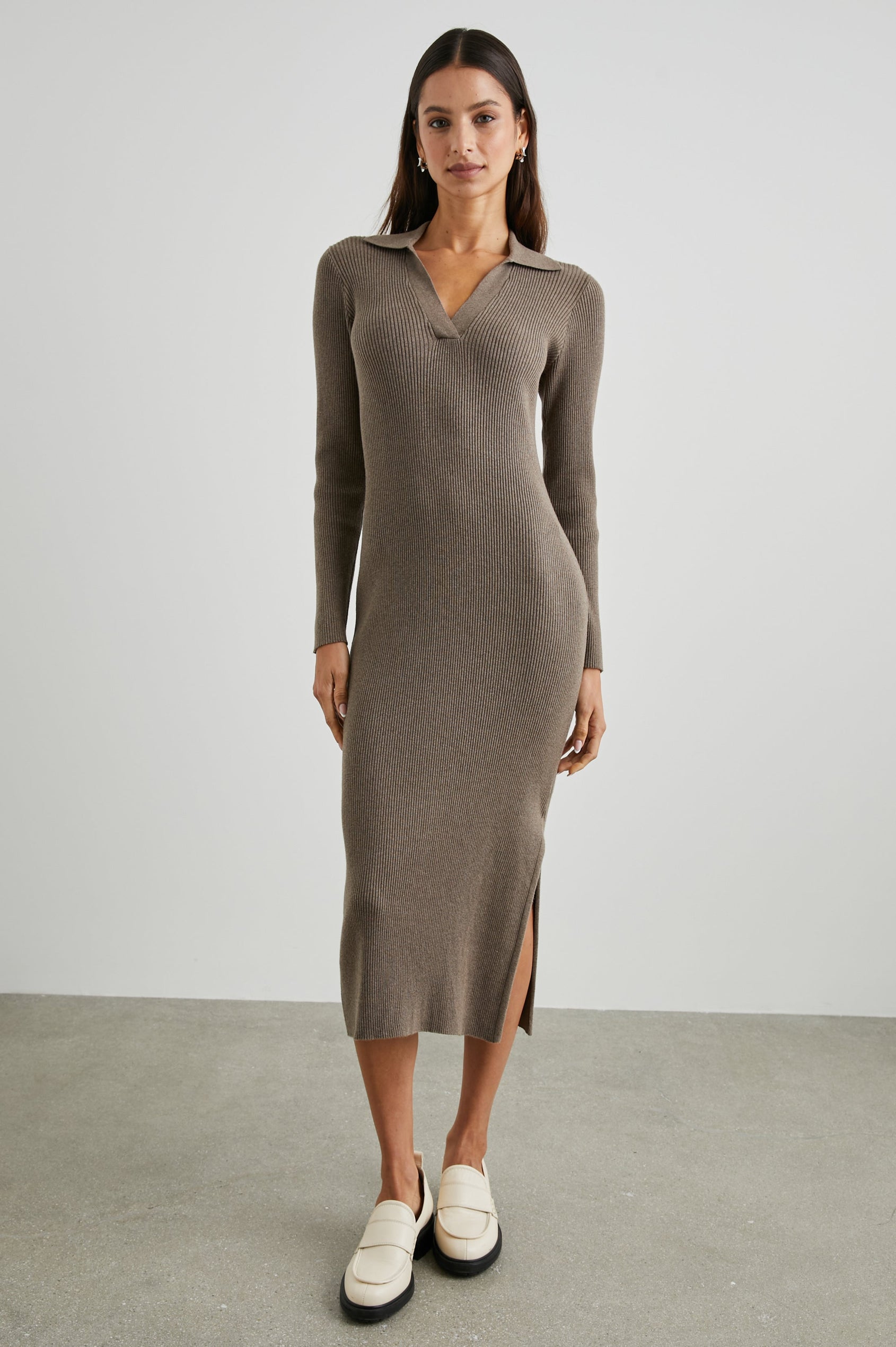 Luciana Ribbed, Long Sleeve Midi Dress with a V Neck Placket with a Collar, and a Side Slit in Latte Colorway - Front Full Body View Featured on Model