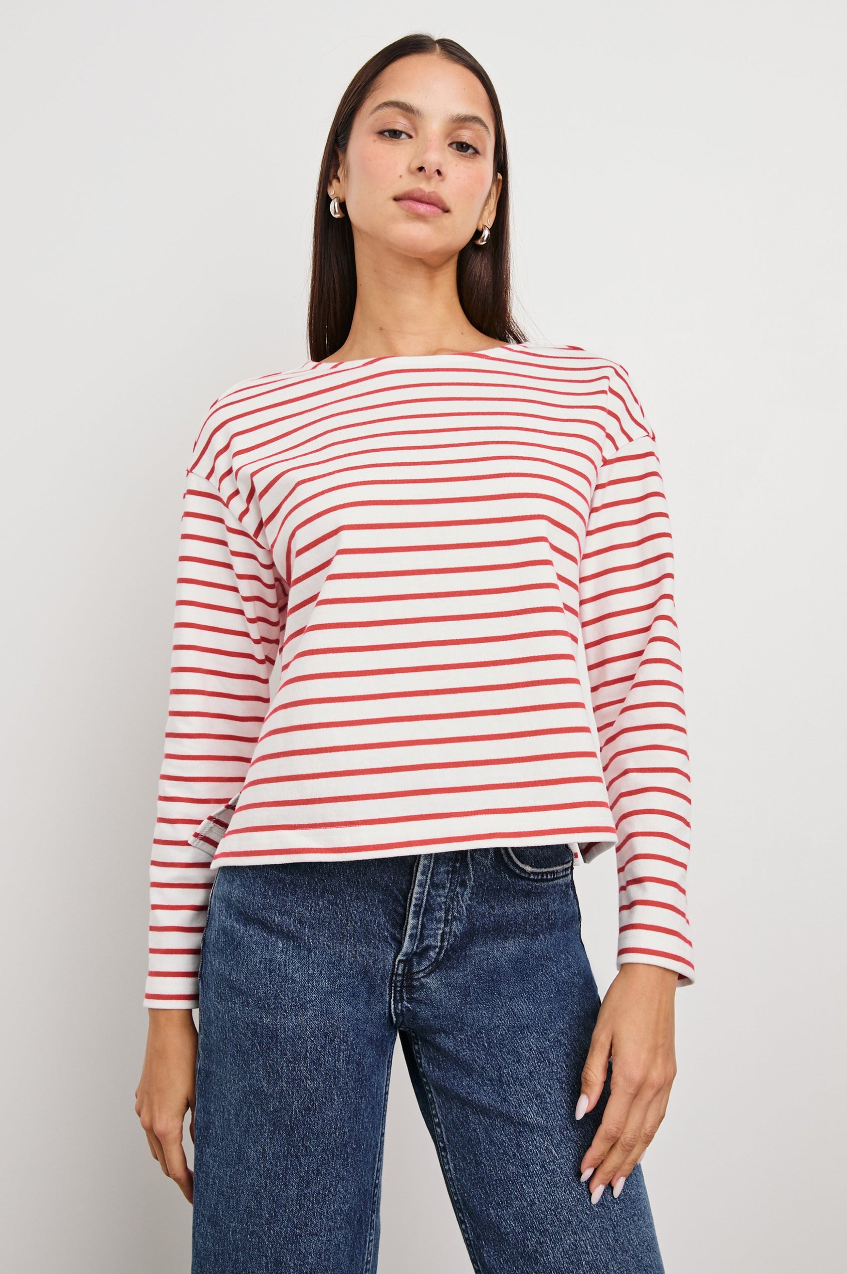 Macy Long-Sleeved Top with Boatneck and Two Short Side Slits at the Hem in Cherry Stripe Colorway, Cherry and White Horizontal Stripes - Front View Featured on Model