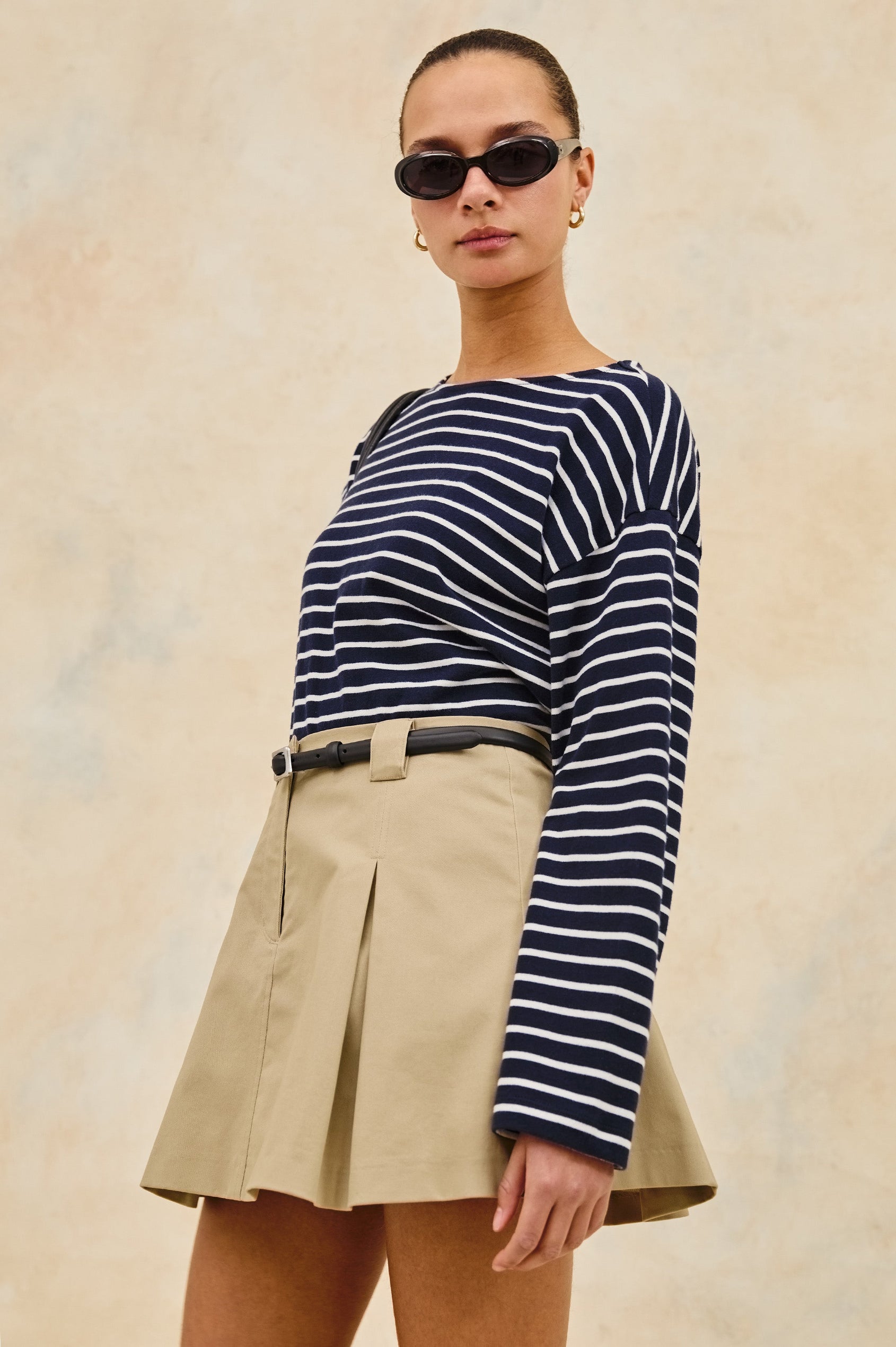 Macy long sleeve shirt with boat neckline and flared long sleeve in Nautical Stripe - front view on model with sunglasses