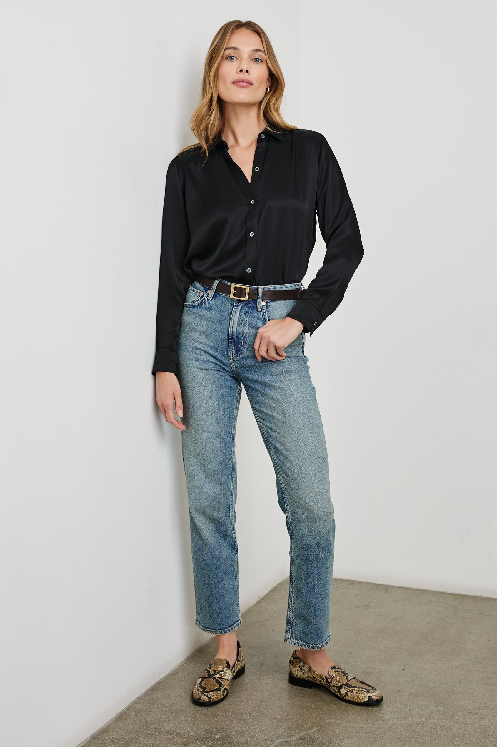 Maria Long-Sleeve Button Up in Black Colorway - Front Tucked Full Body View Featured on Model