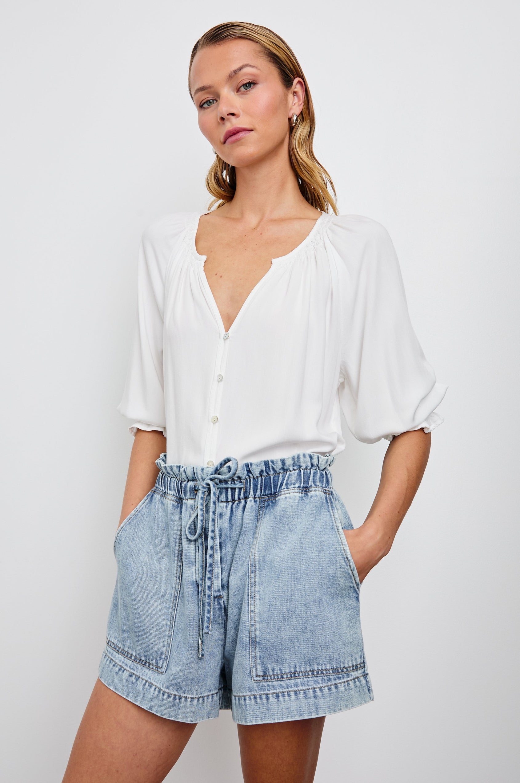 Mariah Buttondown Shirt With Mid Length Sleeves in Pearl Colorway - Side View Featured on Model