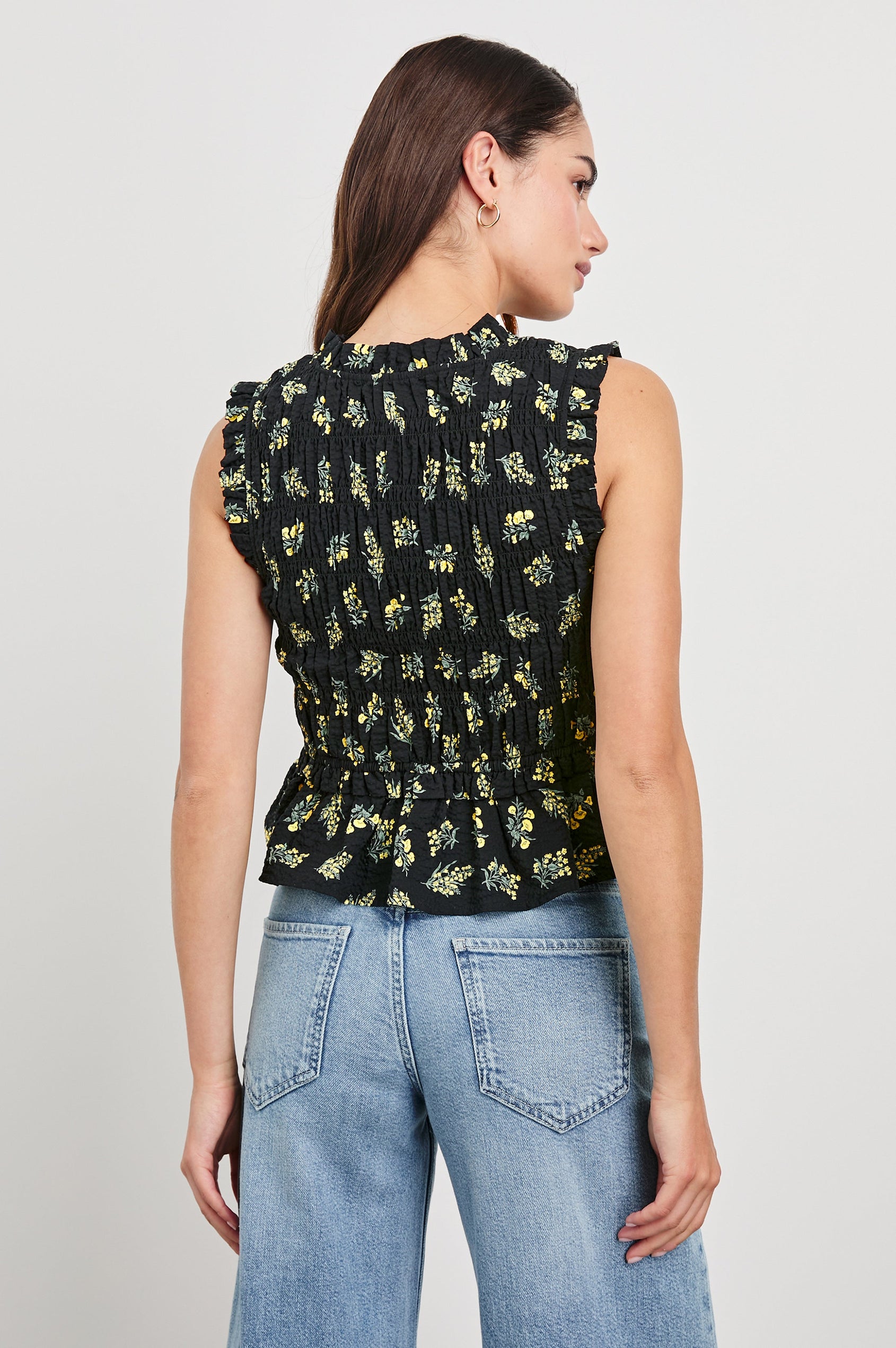 Martine peplum tank top with adjustable front closure ties in Dark Amaryllis - back view on model