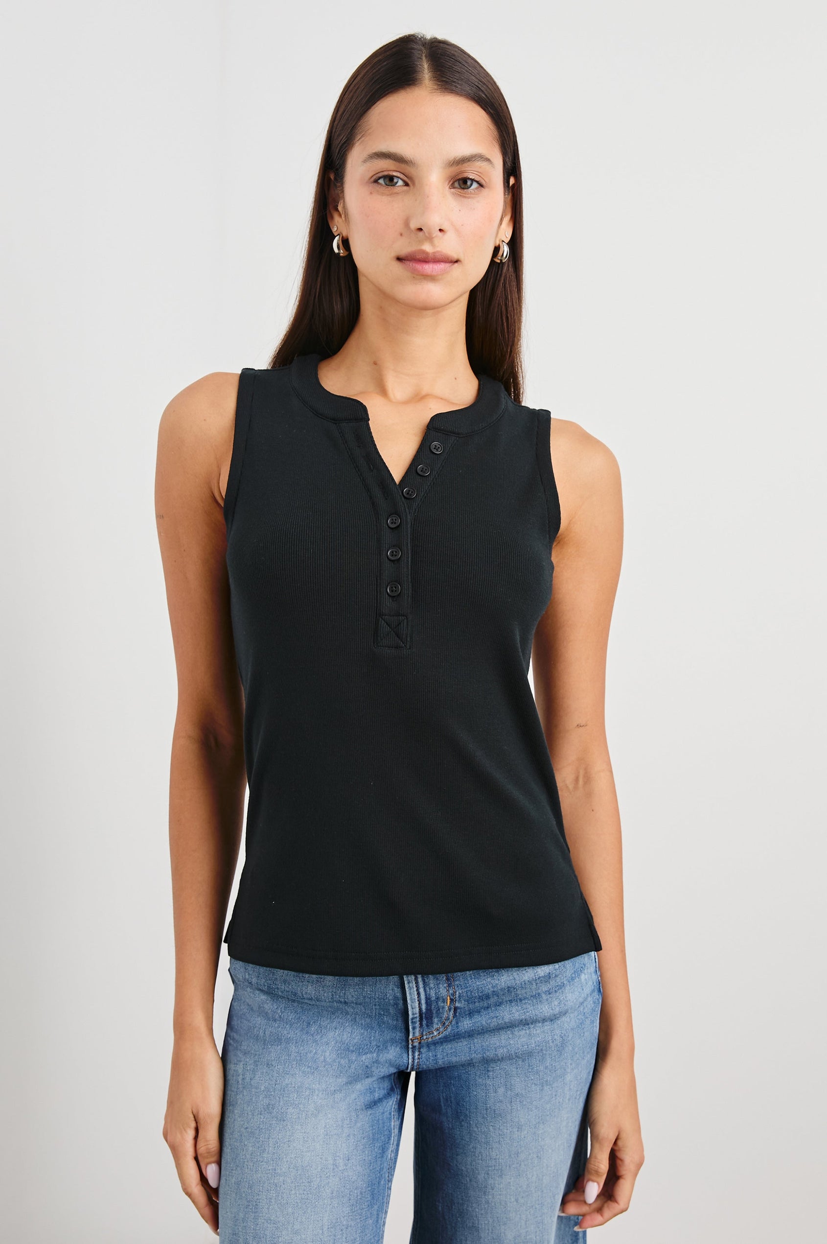 Mayla Sleeveless Top With 3/4 Front Buttons In Colorway Black - Front View Featured On Model