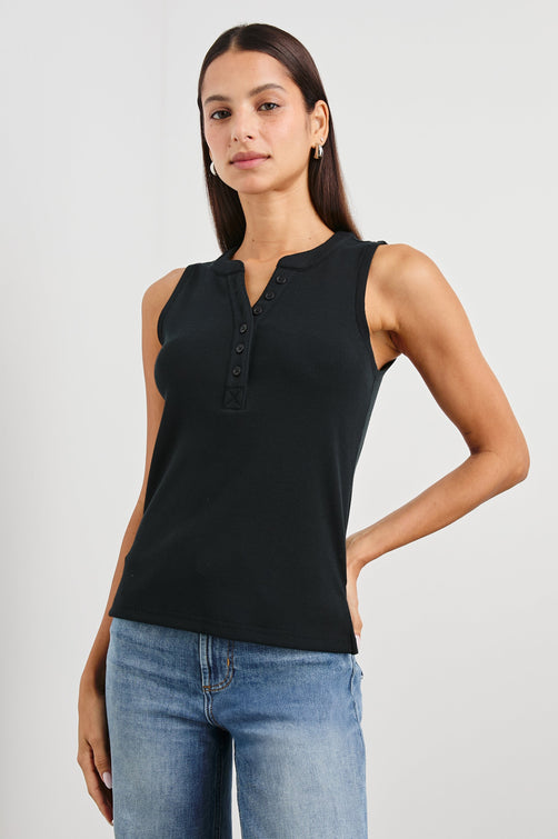 Mayla Sleeveless Top With 3/4 Front Buttons In Colorway Black - Front View Untucked Featured On Model